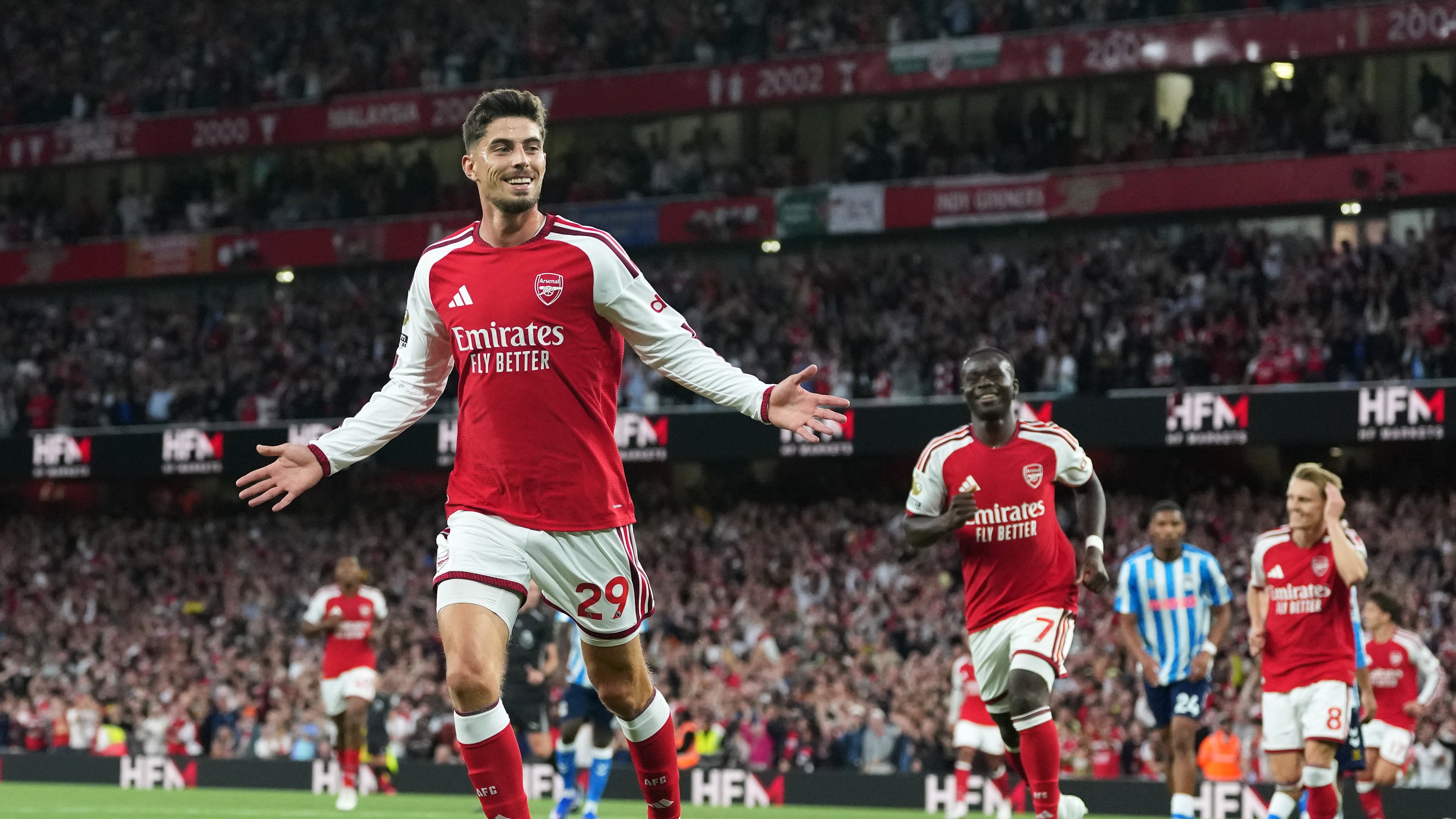 Arsenal's Kai Havertz celebrates after scoring the opening goal during the English Premier League soccer match between Arsenal and Coventry City in London, Friday, Aug. 21, 2026. (AP Photo/Kirsty Wigglesworth)