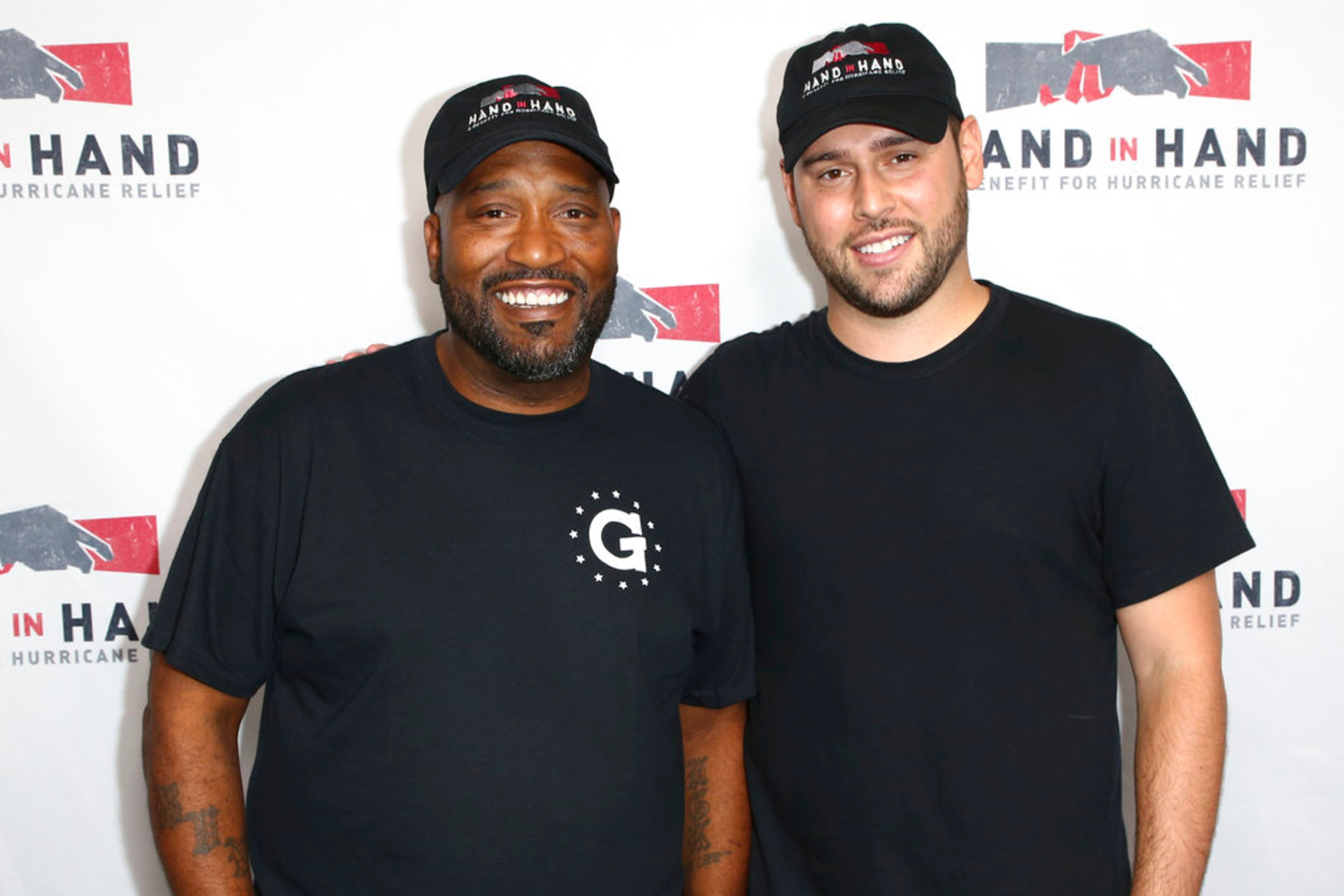 Bun B, left, and Scooter Braun attend the Hand in Hand: A Benefit for Hurricane Harvey Relief held at Universal Studios Back Lot on Tuesday, Sept. 12, 2017 in Universal City, Calif. (Photo by John Salangsang/Invision/AP)