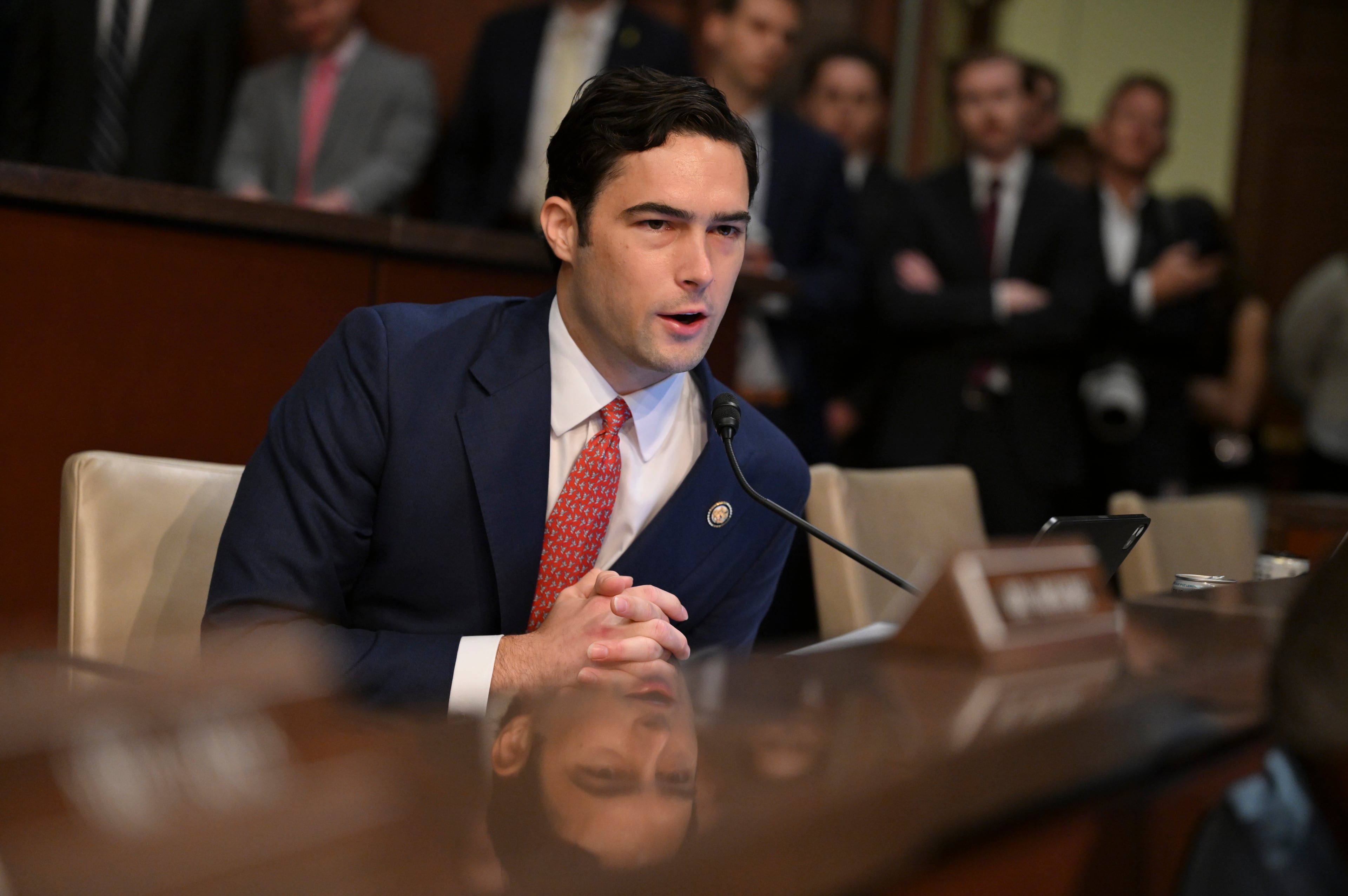 Rep. Brandon Gill (R-Texas) questions Gov. J.B. Pritzker of Illinois during a hearing of the House Committee on Oversight and Government Reform on state immigration policies on Capitol Hill in Washington, on Thursday, June 12, 2025. (Kenny Holston/The New York Times)