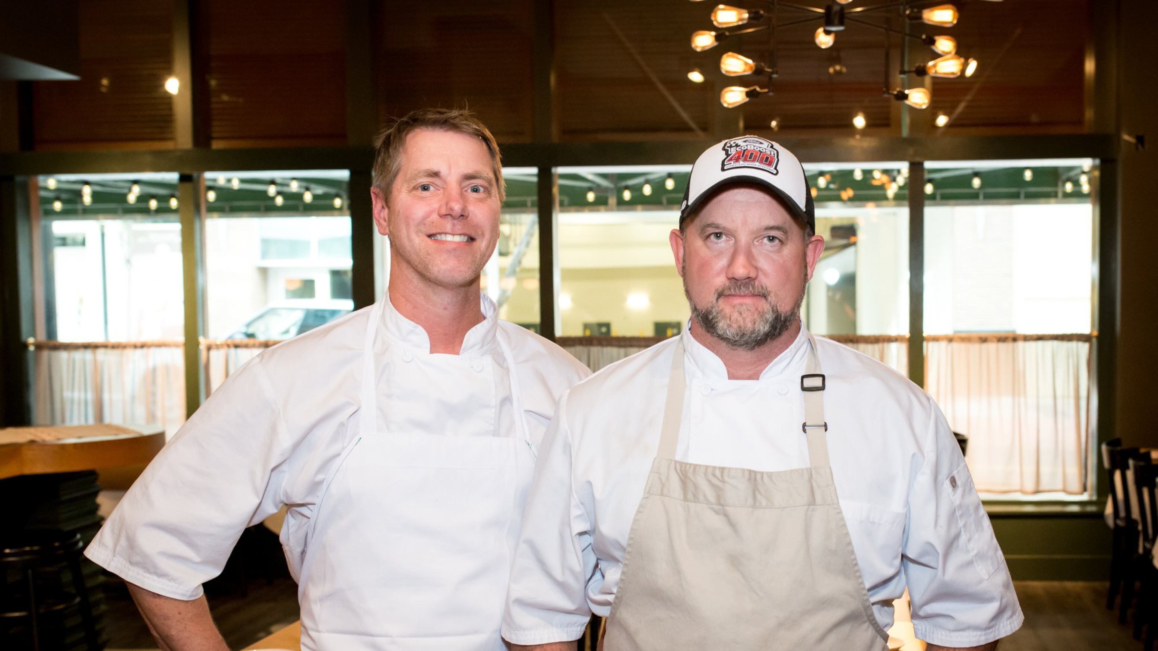 Chef-owners Lance Gummere (left) and Shaun Doty are seen in the dining area of the Federal. (Mia Yakel)