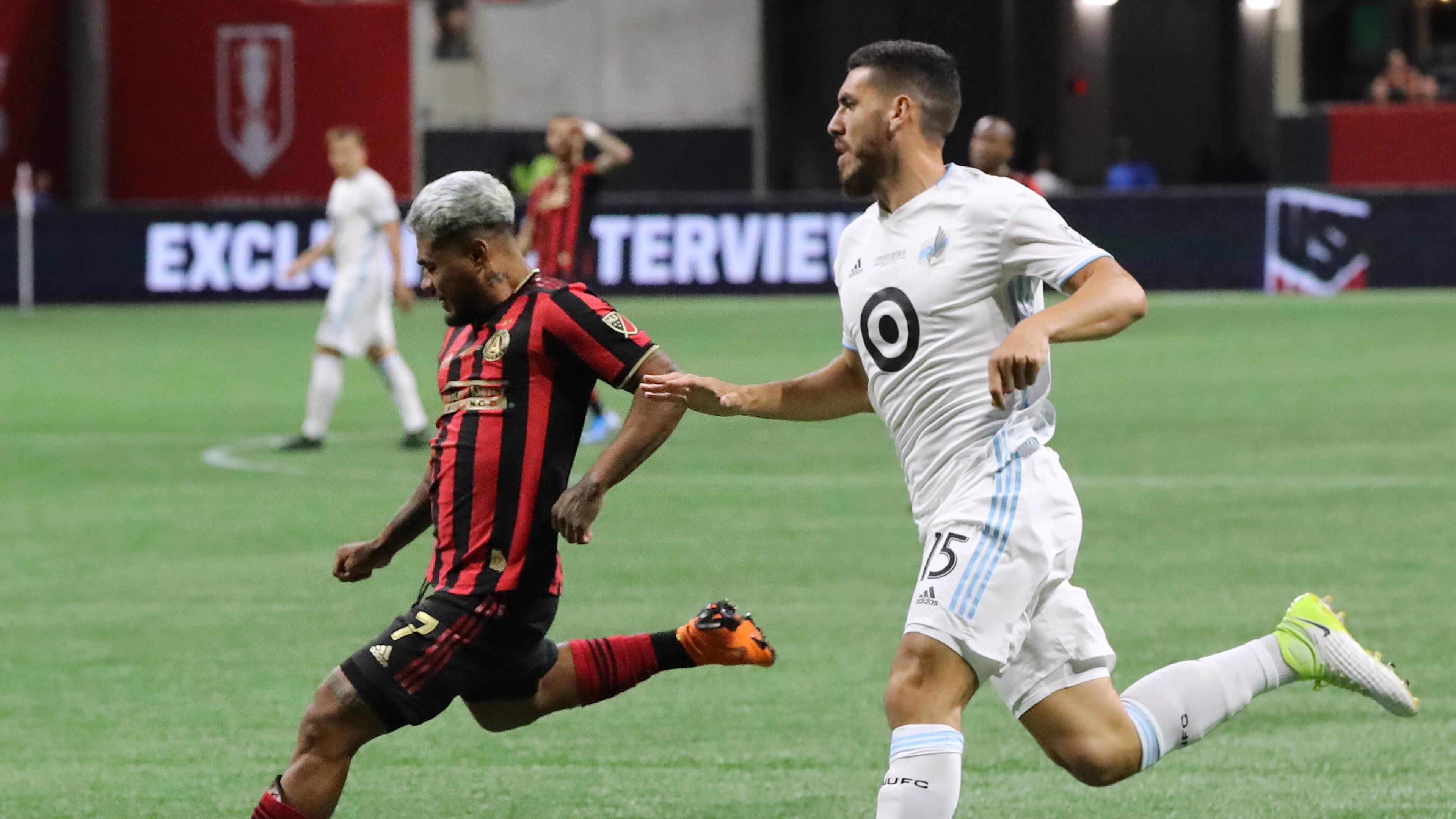 August 27, 2019 Atlanta: Atlanta United forward Josef Martinez gets past Minnesota United defender Michael Boxall for a shot that went in the goal but was ruled off sides in the final for the U.S. Open Cup on Tuesday, August 27, 2019, in Atlanta. Curtis Compton/ccompton@ajc.com
