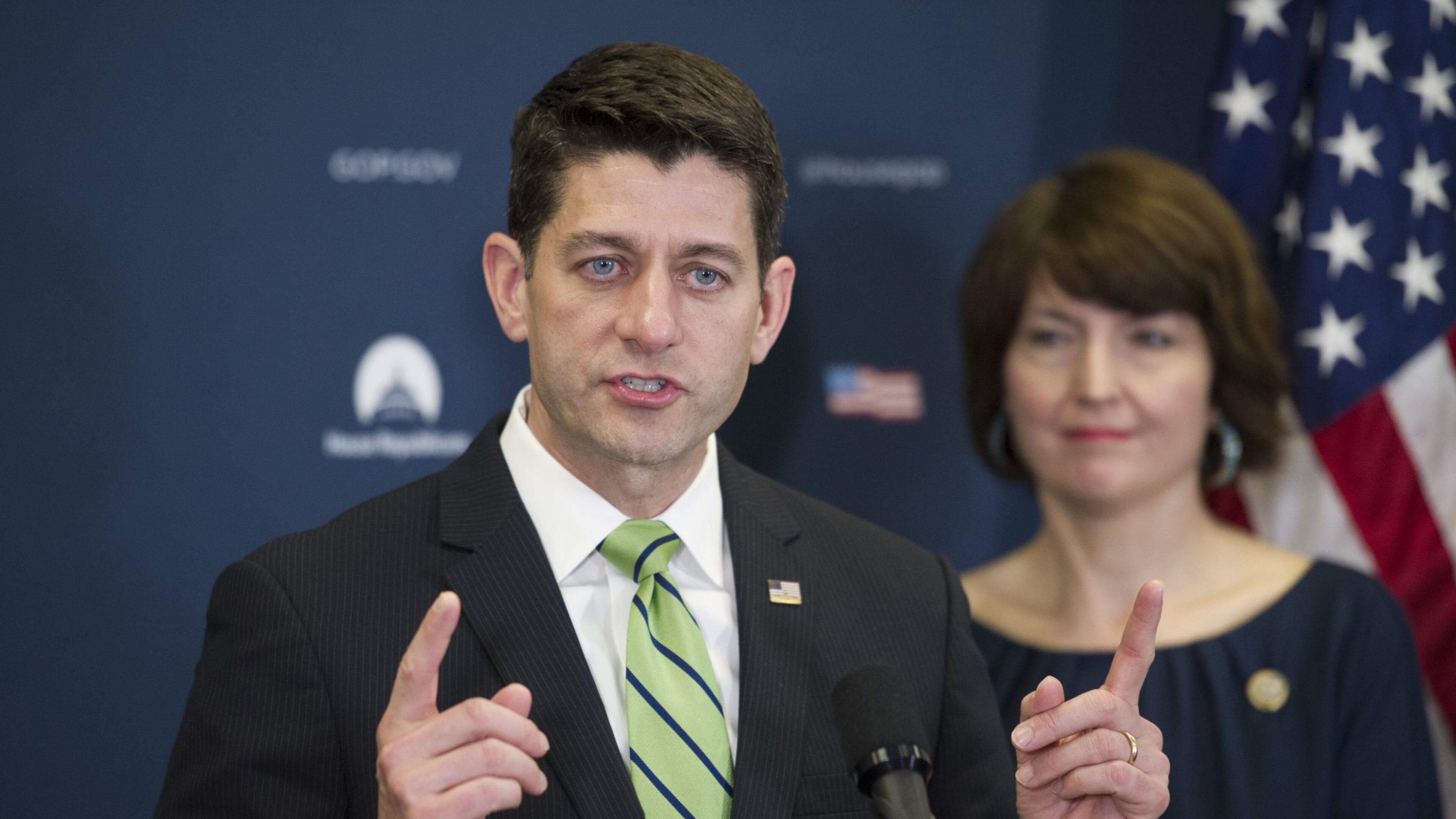 U.S. House Speaker Paul Ryan of Wisconsin, accompanied by U.S. Rep. Cathy McMorris Rodgers, R-Wash., speaks to reporters on Capitol Hill in Washington, following a Republican Caucus meeting. (AP Photo/Cliff Owen)