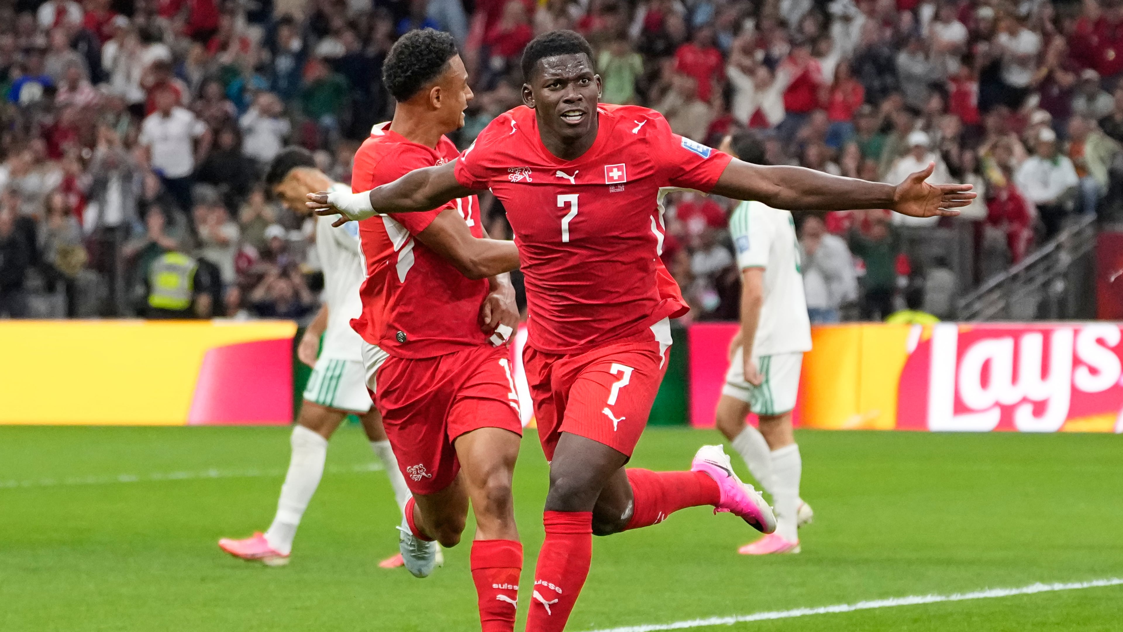 Switzerland's Breel Embolo celebrates after scoring his team's first goal during the World Cup round of 32 soccer match between Switzerland and Algeria in Vancouver, British Columbia, Thursday, July 2, 2026. (Lindsey Wasson/AP)