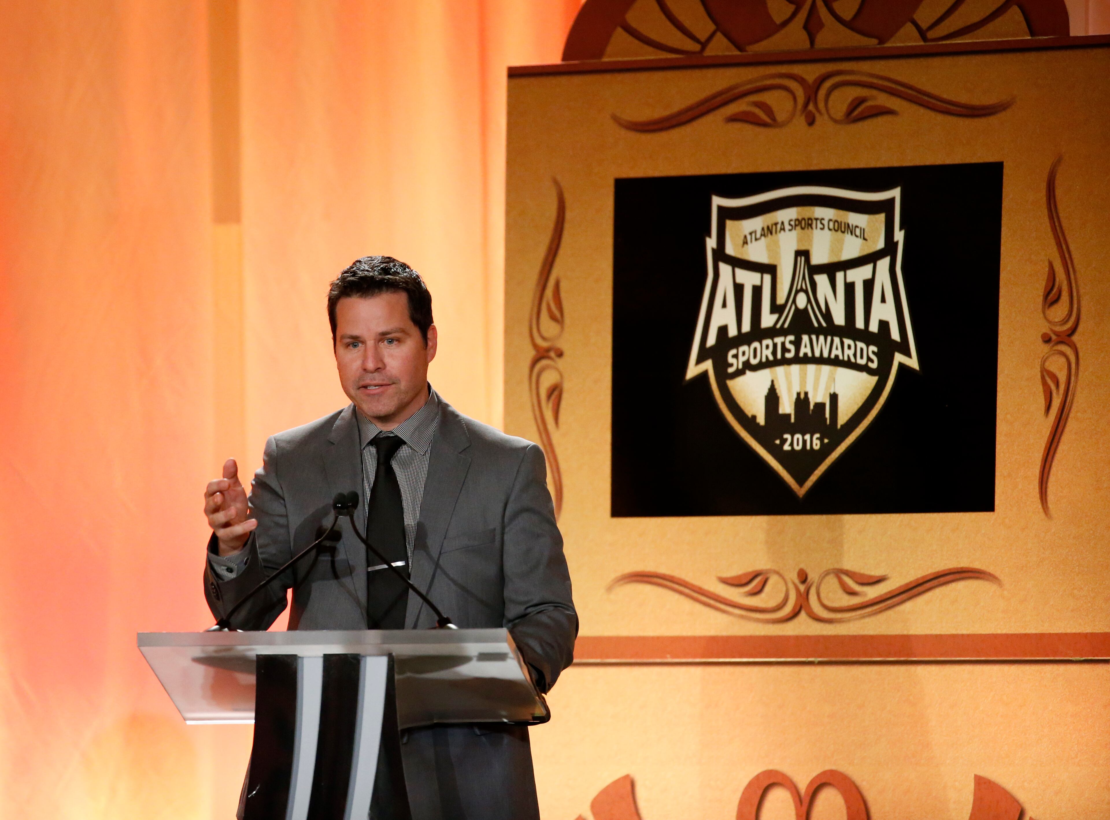 Atlanta Sports Council Executive Director Dan Corso speaks during the 11th annual Atlanta Sports Awards at the Fox Theatre Thursday, February 25, 2016, in Atlanta. PHOTO / JASON GETZ