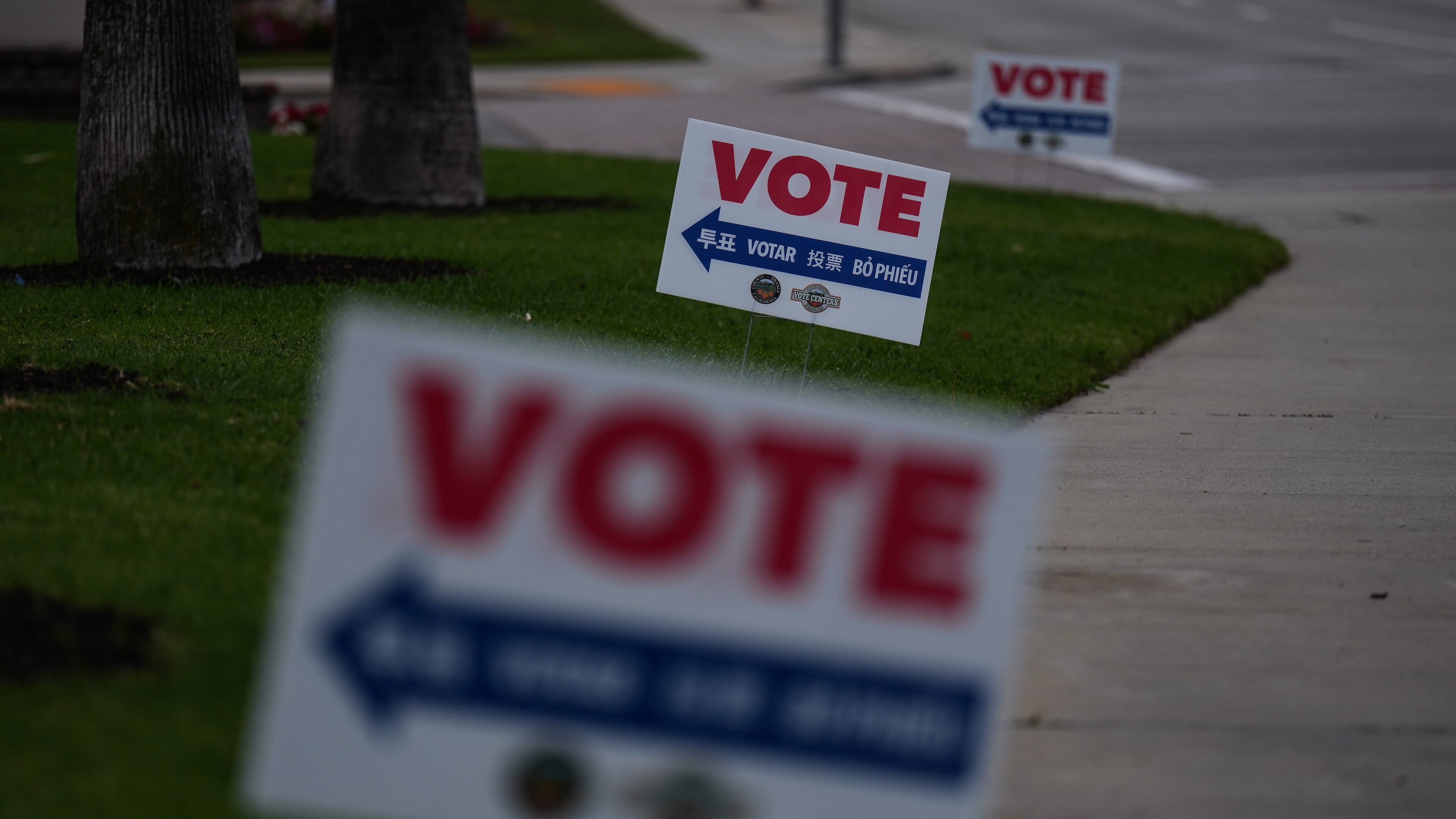 Vote signs are seen outside a vote center in La Habra, Calif., Tuesday, June 2, 2026. (AP Photo/Jae C. Hong)