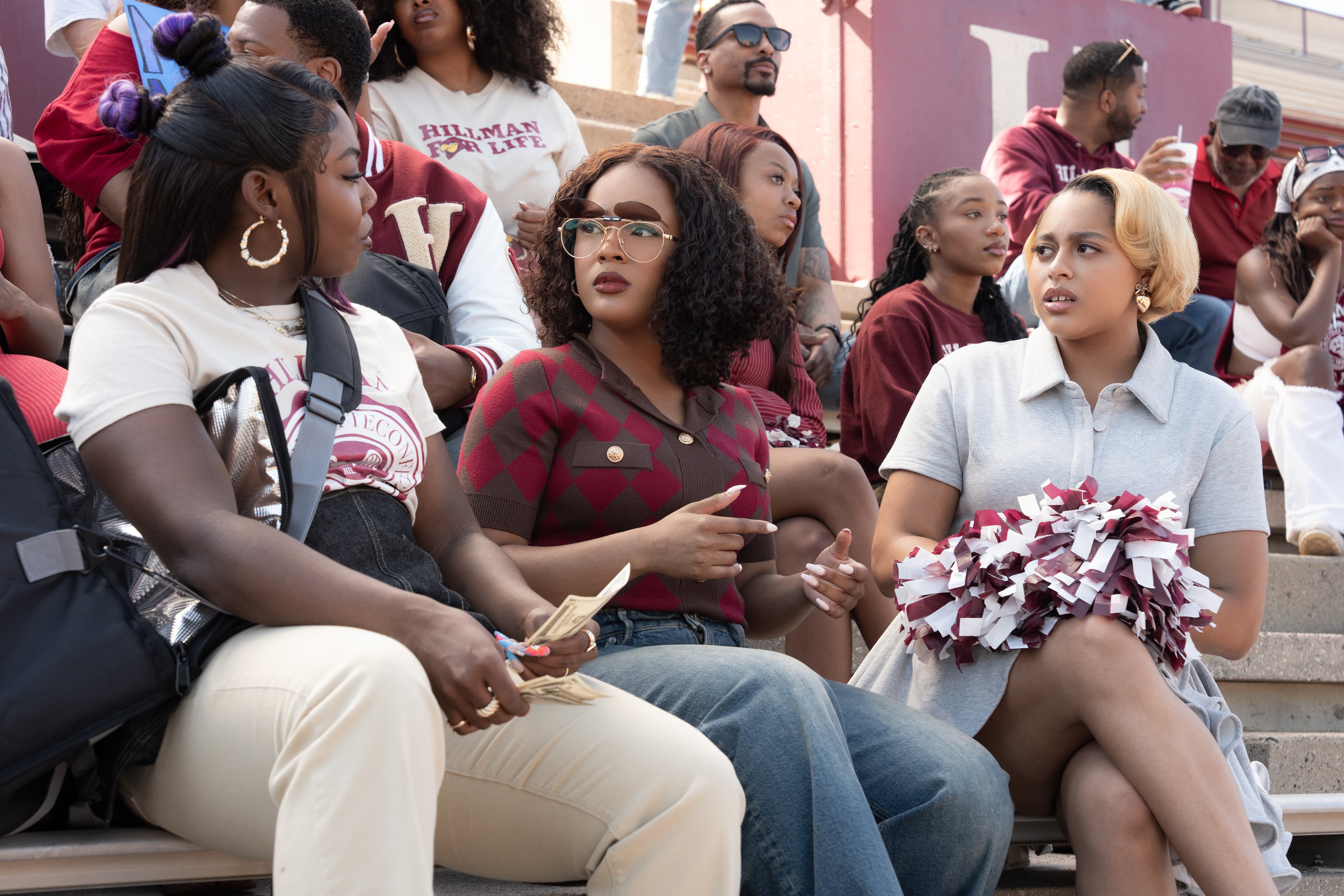 The second episode of "A Different World" features a football game set at B.T. Harvey Stadium at Morehouse College. (From left) Alijah Kai as Rashida, Maleah Joi Moon as Deborah, Kennedi Reece as Hazel. (Daniel Delgado Jr/Courtesy of Netflix)