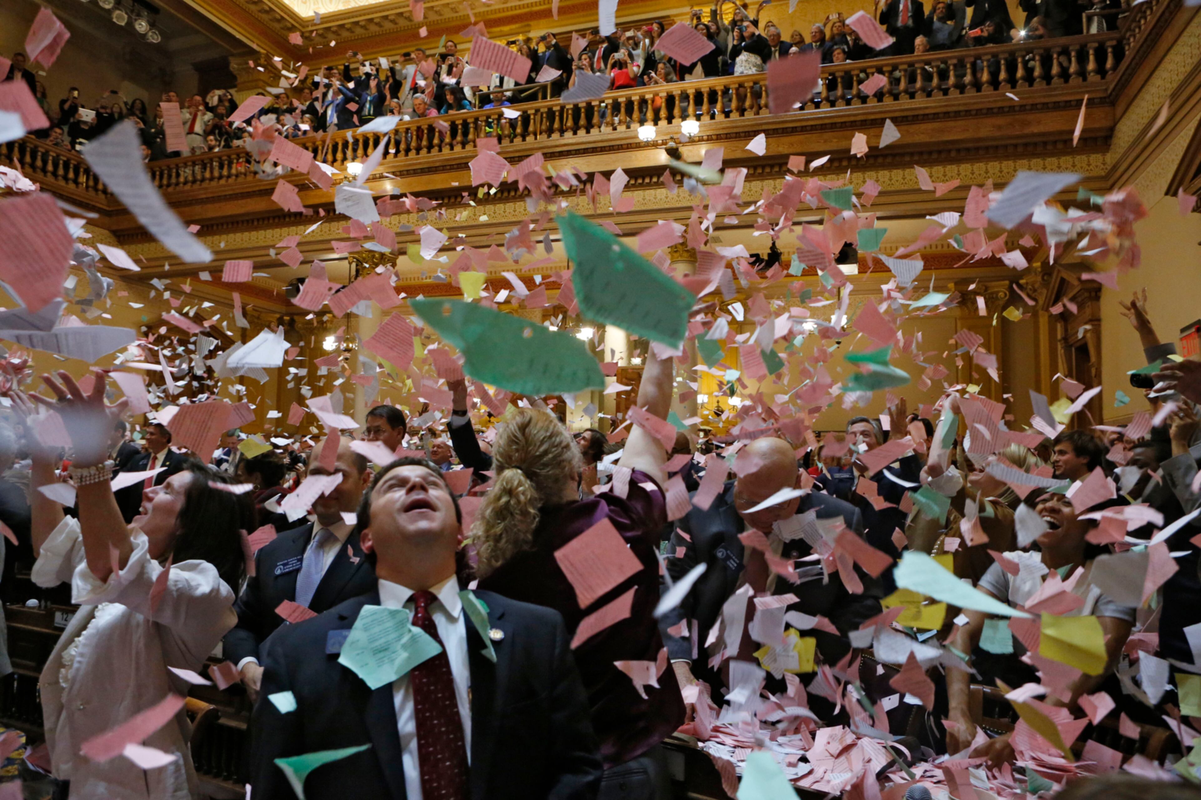WRAPPING IT UP--April 2, 2015 - Atlanta - Sine Die in the Senate, which adjourned after midnight. With the legislative session ending Thursday, GOP leaders OK'd a slew of tax increases, gave the state more control over local public schools and shot down 'religious liberty' efforts -- all while working hand-in-glove with Democrats to beat back fringe Republicans who've otherwise split the majority caucus. BOB ANDRES / BANDRES@AJC.COM