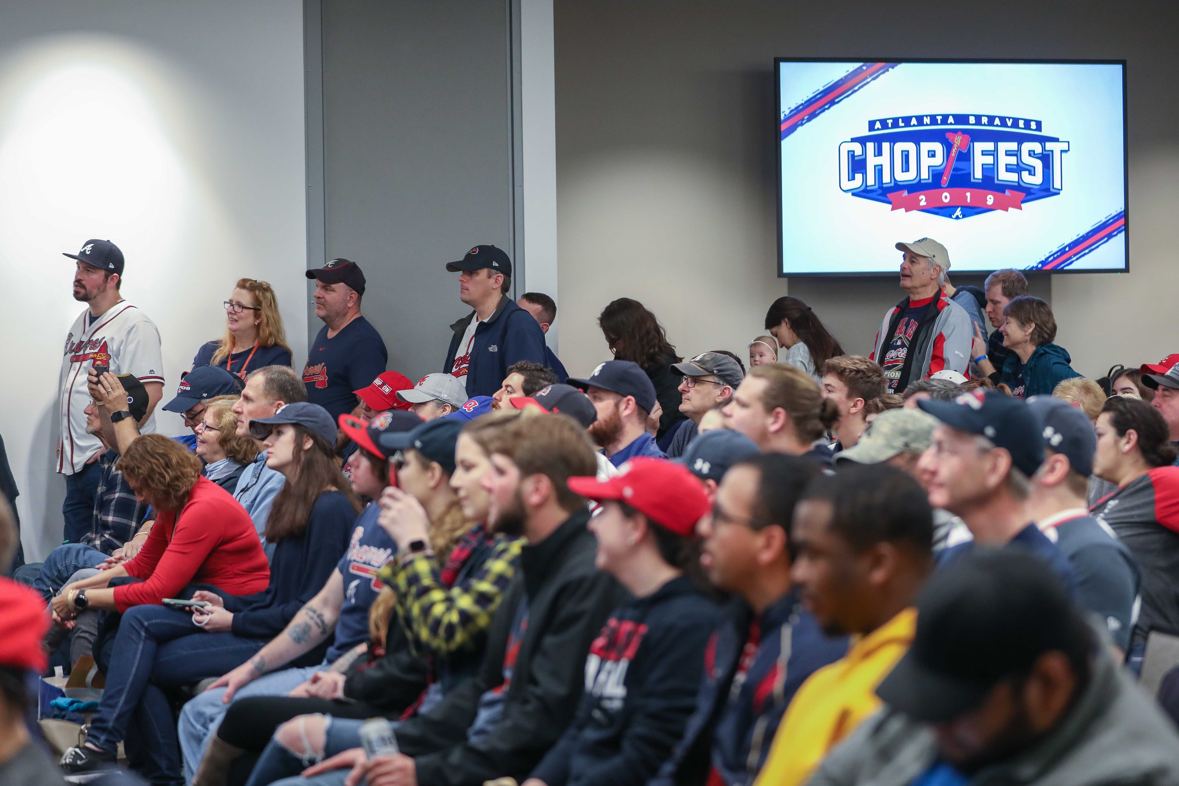 Fans listen to Atlanta Braves center fielder Ender Inciarte, first baseman Freddie Freeman and left fielder Ronald Acuna Jr. speak during the annual Chop Fest at SunTrust Park in Atlanta, Saturday, Jan. 19, 2019. Branden Camp/Special to AJC