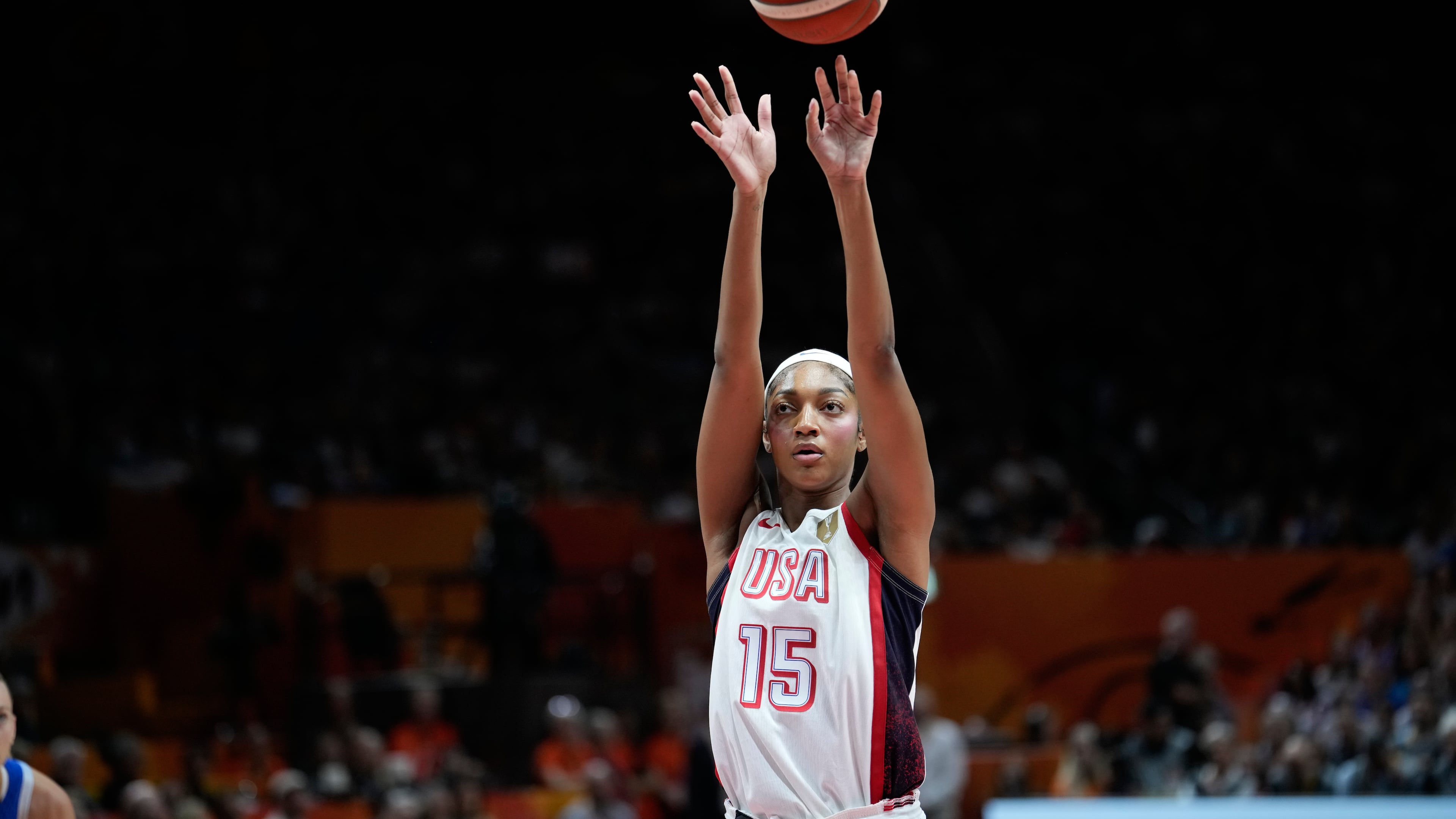 Angel Reese, of the United States, shoots a freethrow during the Women's Basketball World Cup final match between the United States and France in Berlin, Sunday, Sept. 13, 2026. (AP Photo/Ebrahim Noroozi)