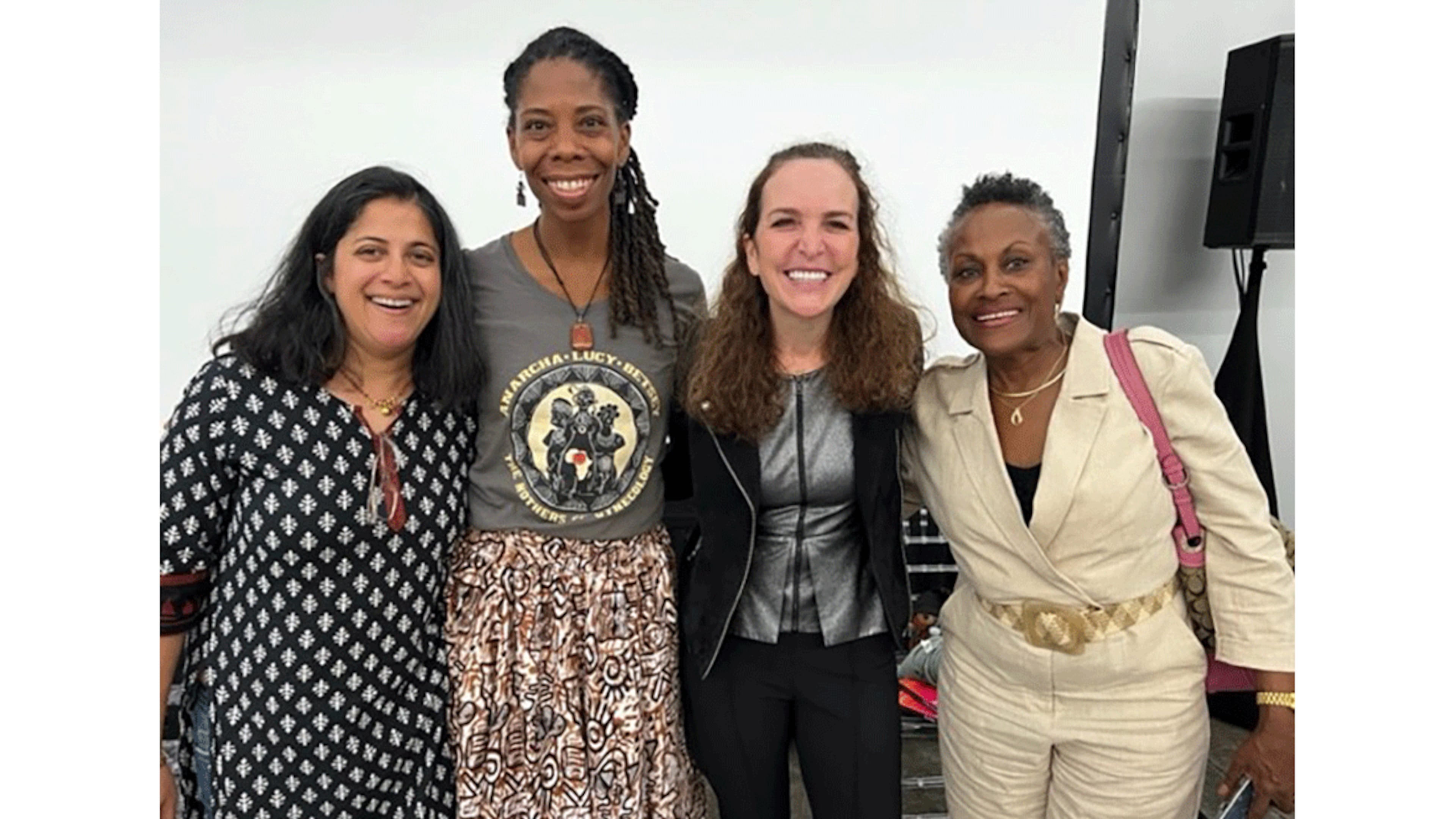 More than 100 local women attended the screening of "Deconstructing Karen" in Austell on April 12, 2023. The documentary highlights Race2Dinner, an organization founded by Saira Rao (far left) and Regina Jackson (far right) to encourage white women to talk about race. Also pictured are local event moderator Tina Strawn (second from left) and Jennifer Winingder, who helped organize the event in Cobb County. (Courtesy of Jennifer Winingder)