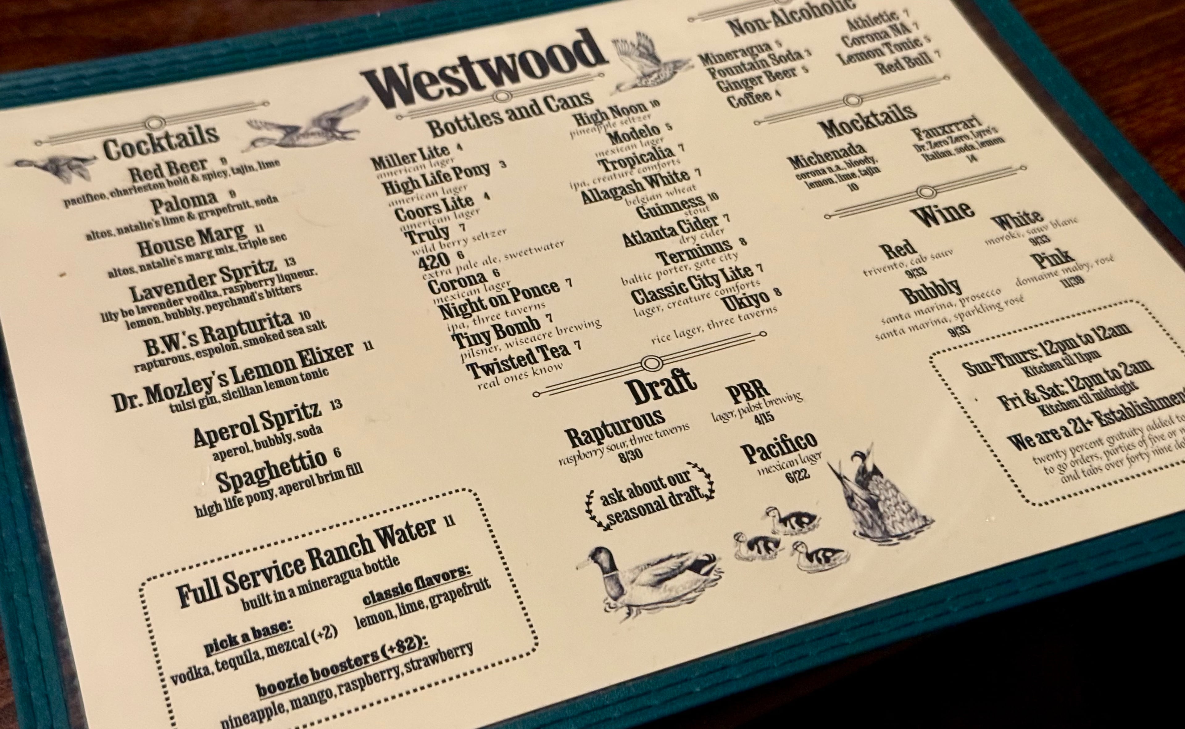 The drink menu at the Westwood. (Henri Hollis/AJC)