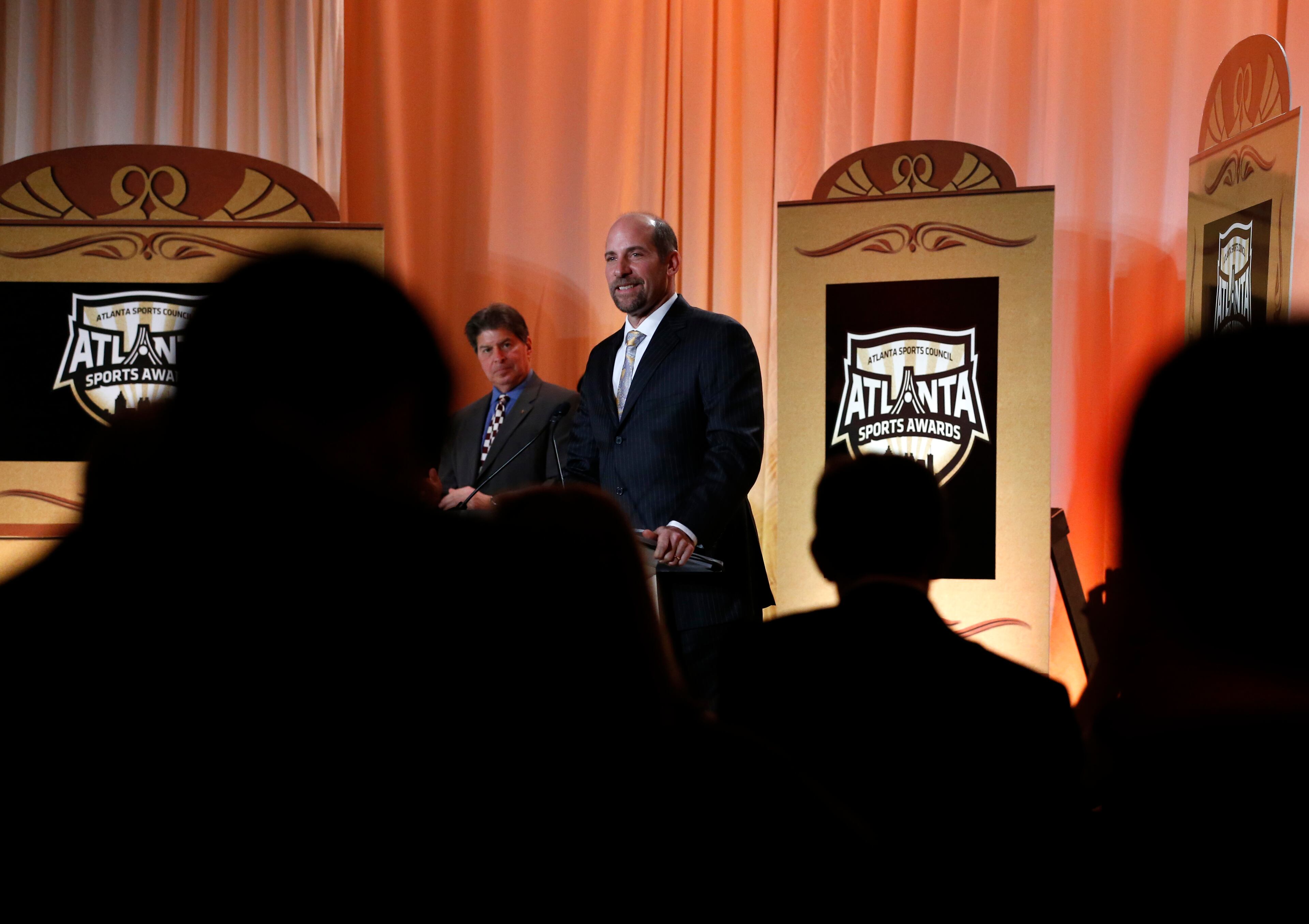 Former Atlanta Braves pitcher John Smoltz gets a standing ovation as he receives the 2016 Lifetime Achievement Award during the Atlanta Sports Awards at the Fox Theatre Thursday, February 25, 2016, in Atlanta. PHOTO / JASON GETZ