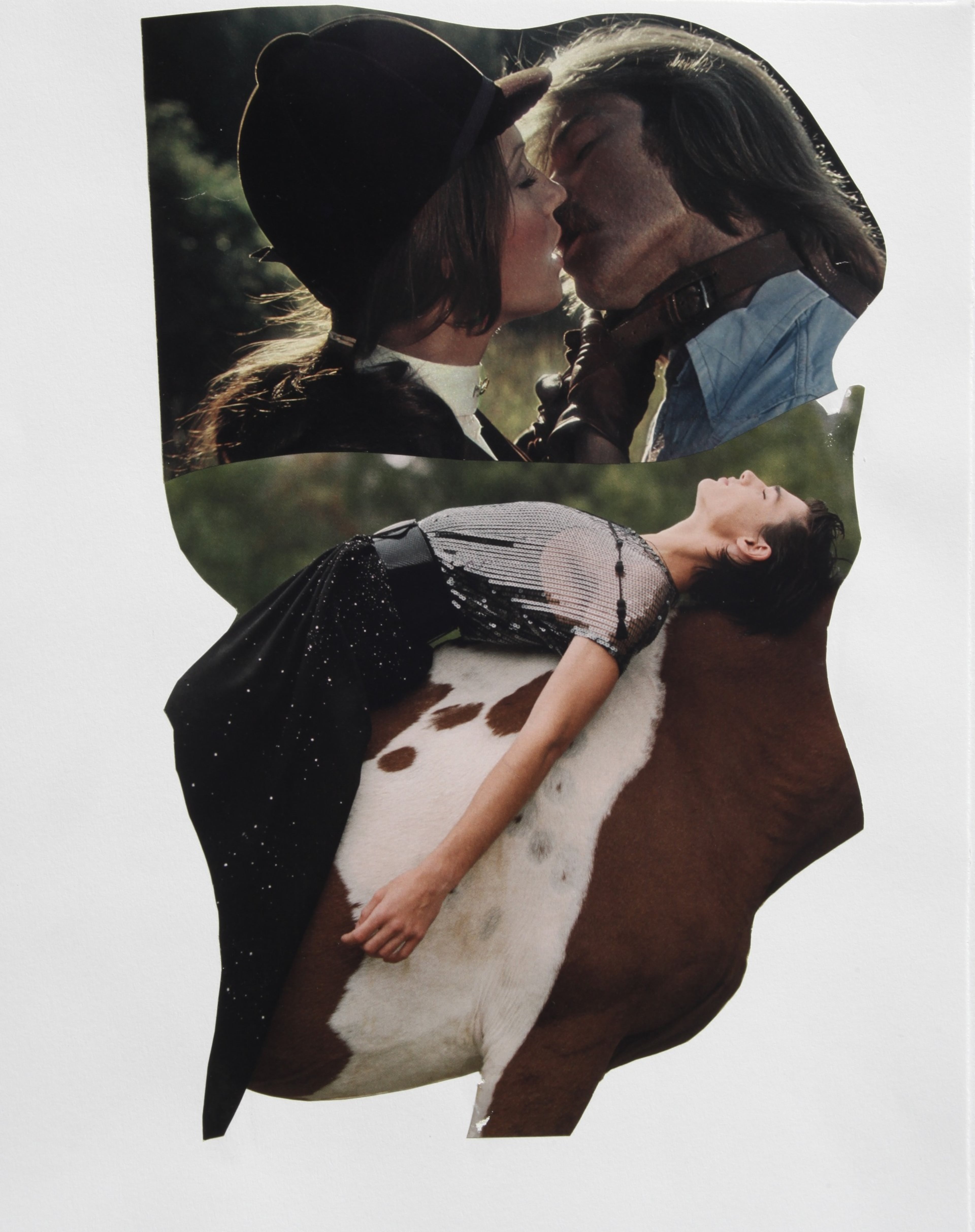"Bareback," collage on paper, a collaborative work by Jody Fausett and Sharon Shapiro. It's included in the exhibit "You Kissed Me First," continuing through April 11 at Pollinator Art Space.