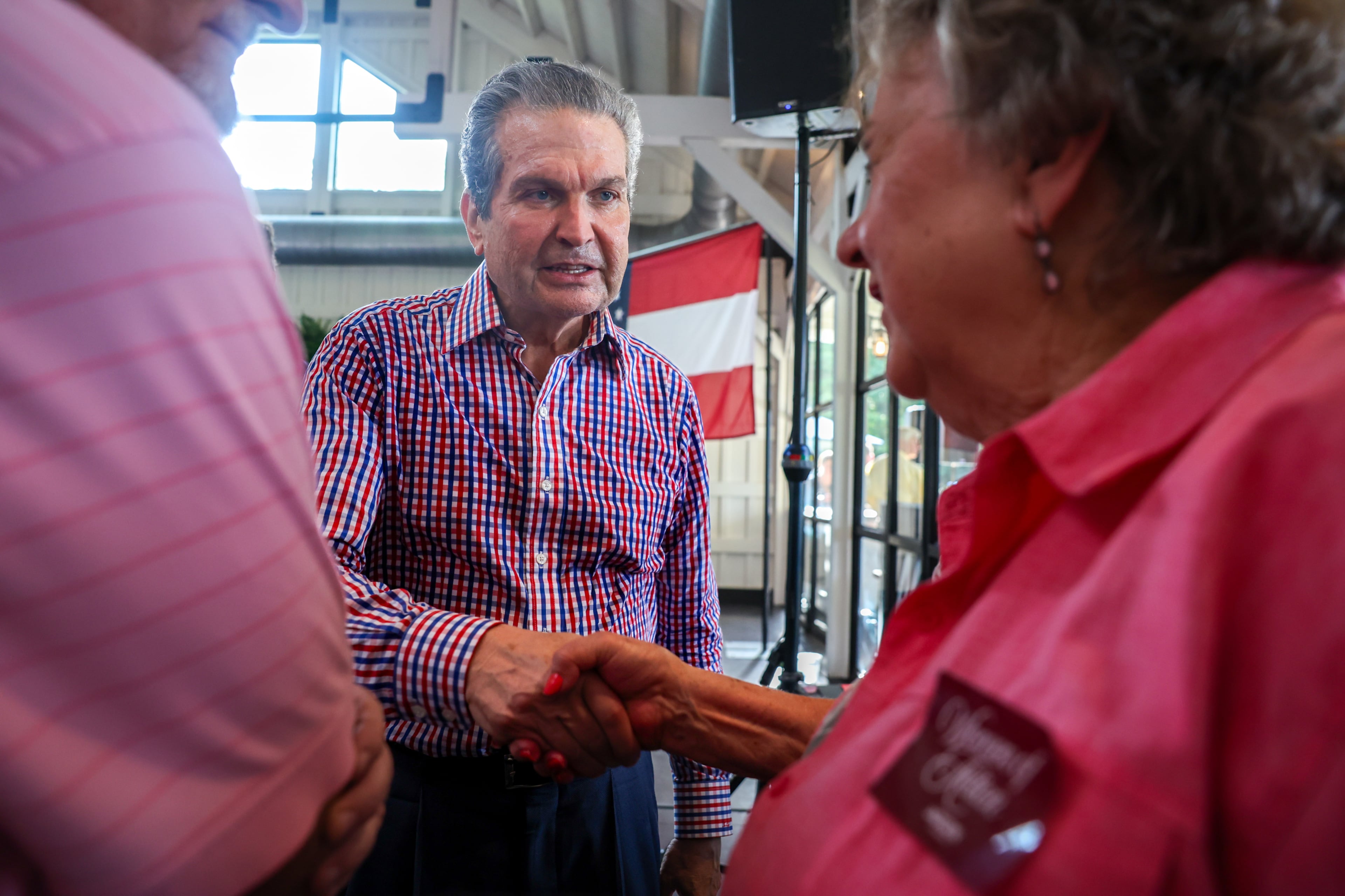 Republican gubernatorial candidate Rick Jackson greets supporters during a general election campaign rally at Meadows at Mossy Creek in Cleveland, Thursday, July 16, 2026. (Arvin Temkar/AJC)