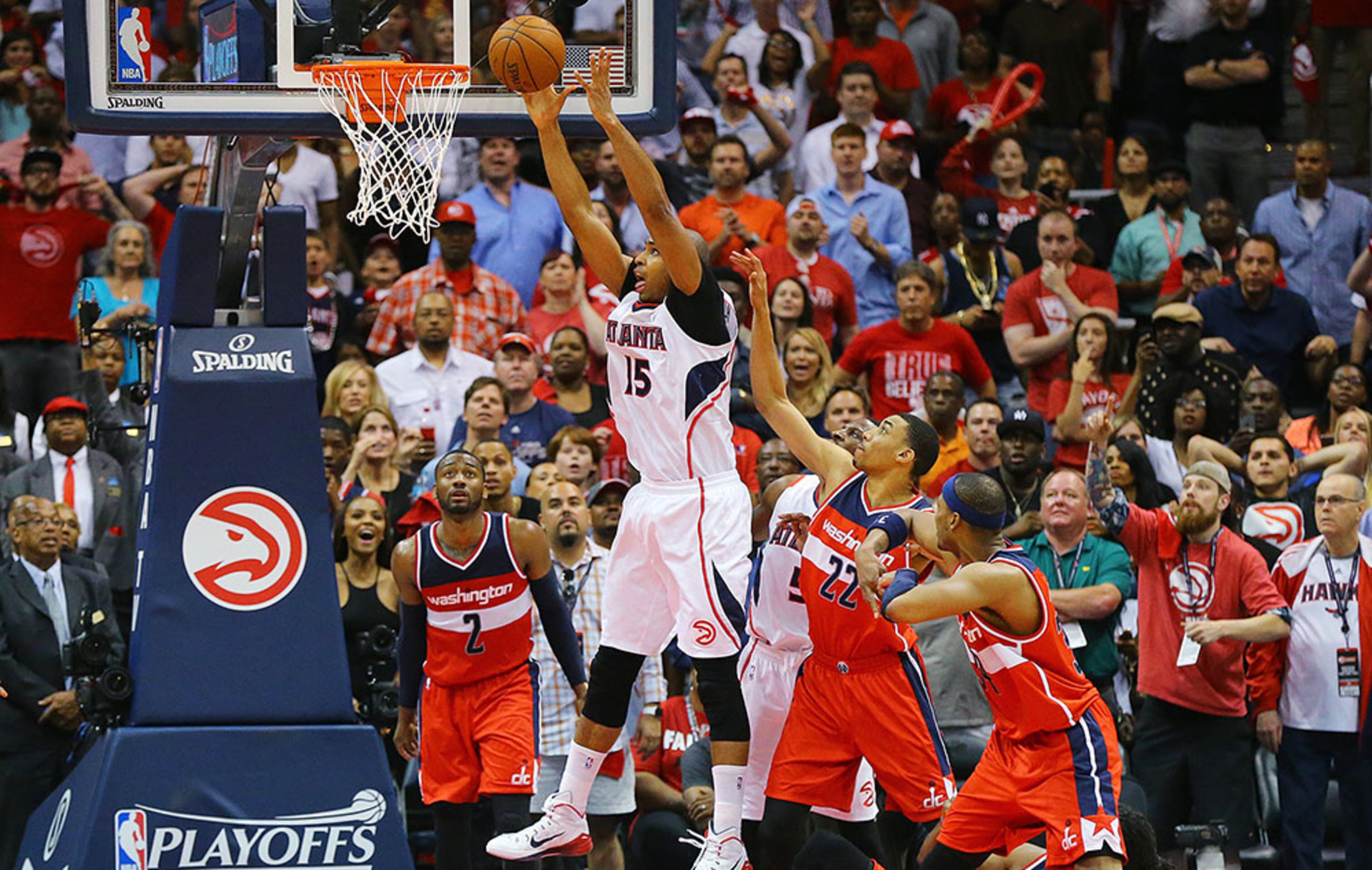Hawks center Al Horford hits the game winning shot to beat the Wizards 82-81 in their Eastern Conference Semifinals game 5 on Tuesday, May 13, 2015, in Atlanta. Curtis Compton / ccompton@ajc.com