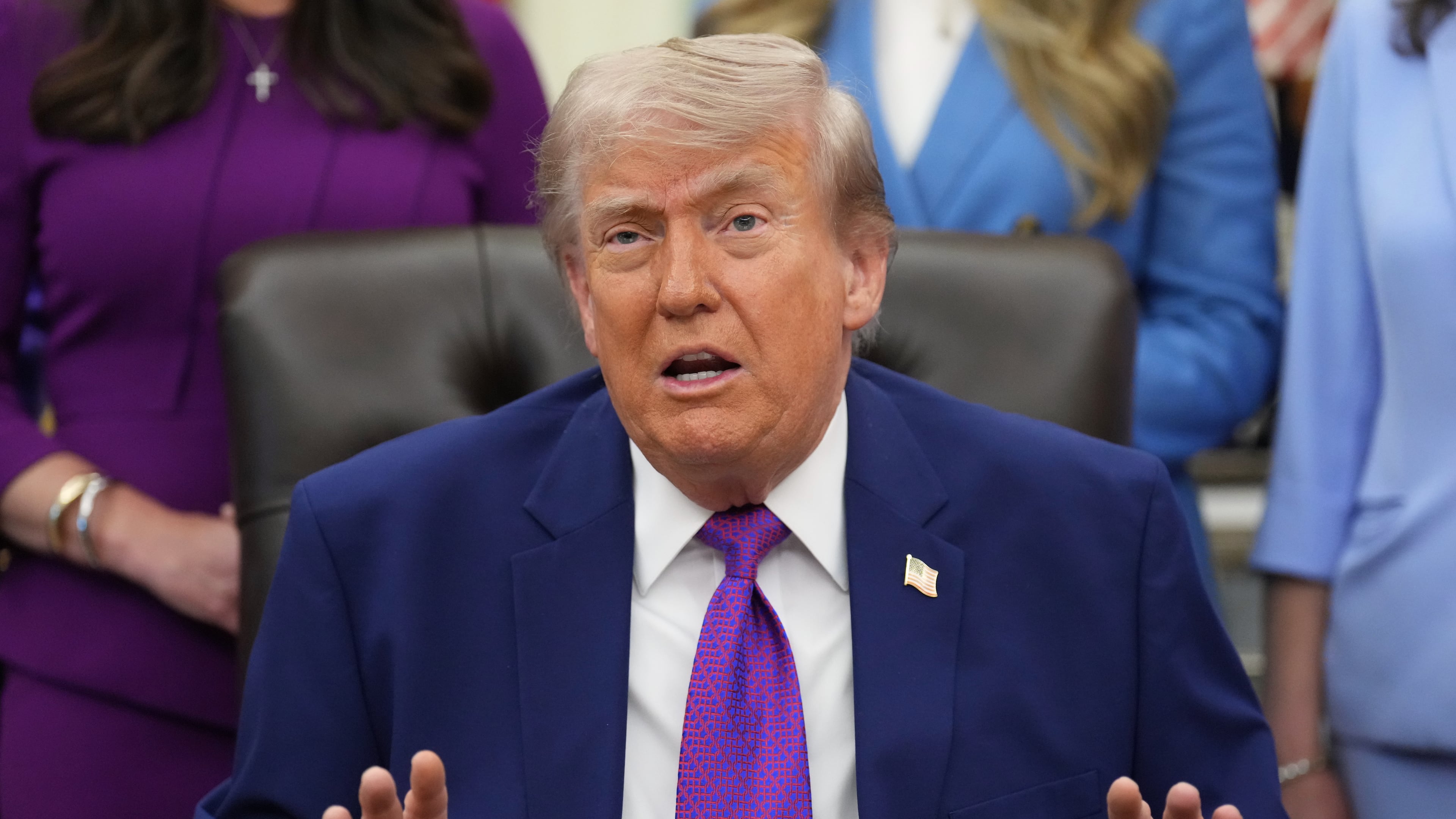 President Donald Trump speaks to reporters at an event about maternal healthcare, Monday, May 11, 2026, in the Oval Office of the White House, in Washington. (AP Photo/Jacquelyn Martin)