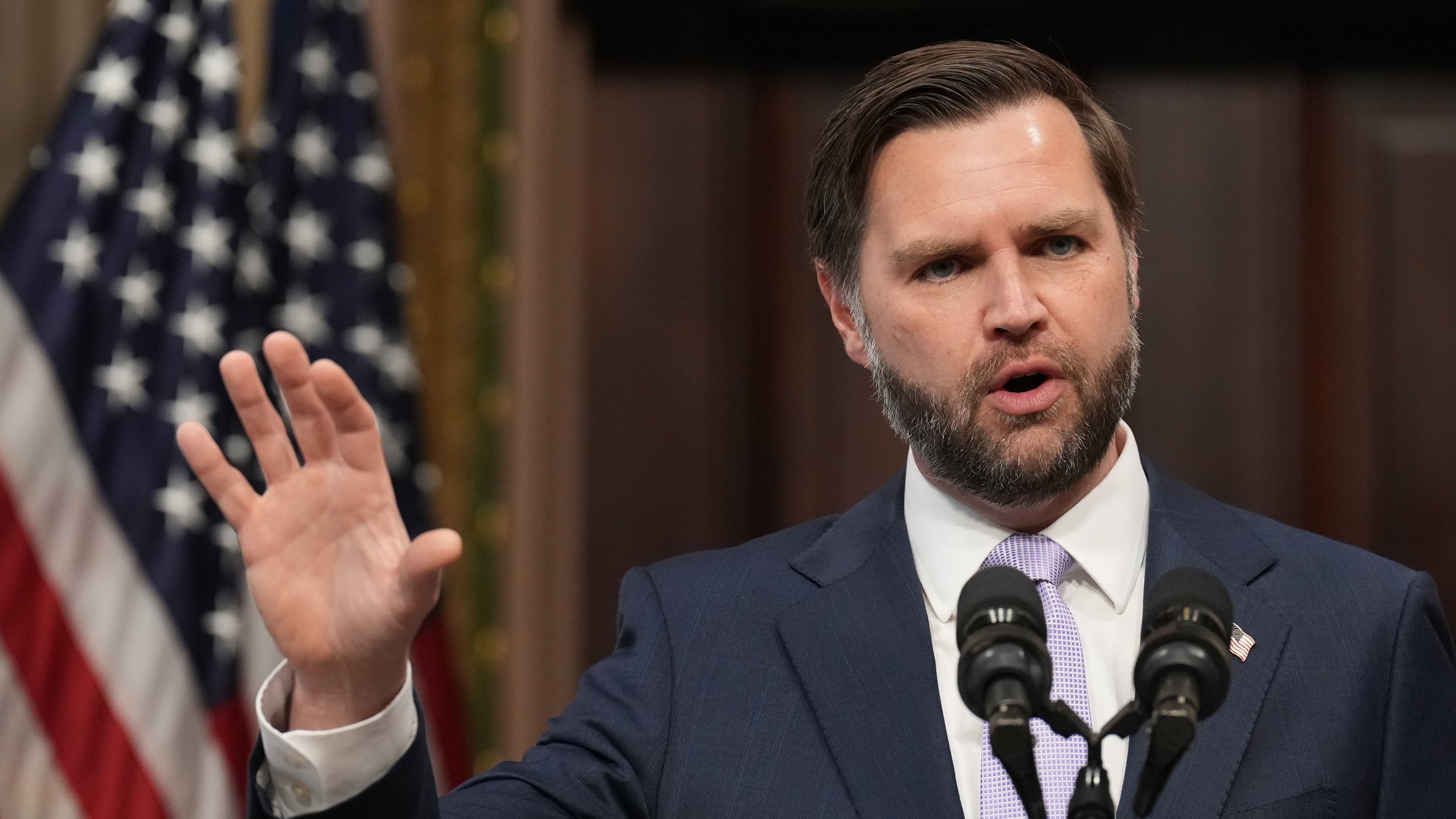 Vice President JD Vance speaks to the media from the Eisenhower Executive Office Building on the White House campus, Wednesday, May 13, 2026, in Washington. (AP Photo/Jacquelyn Martin)