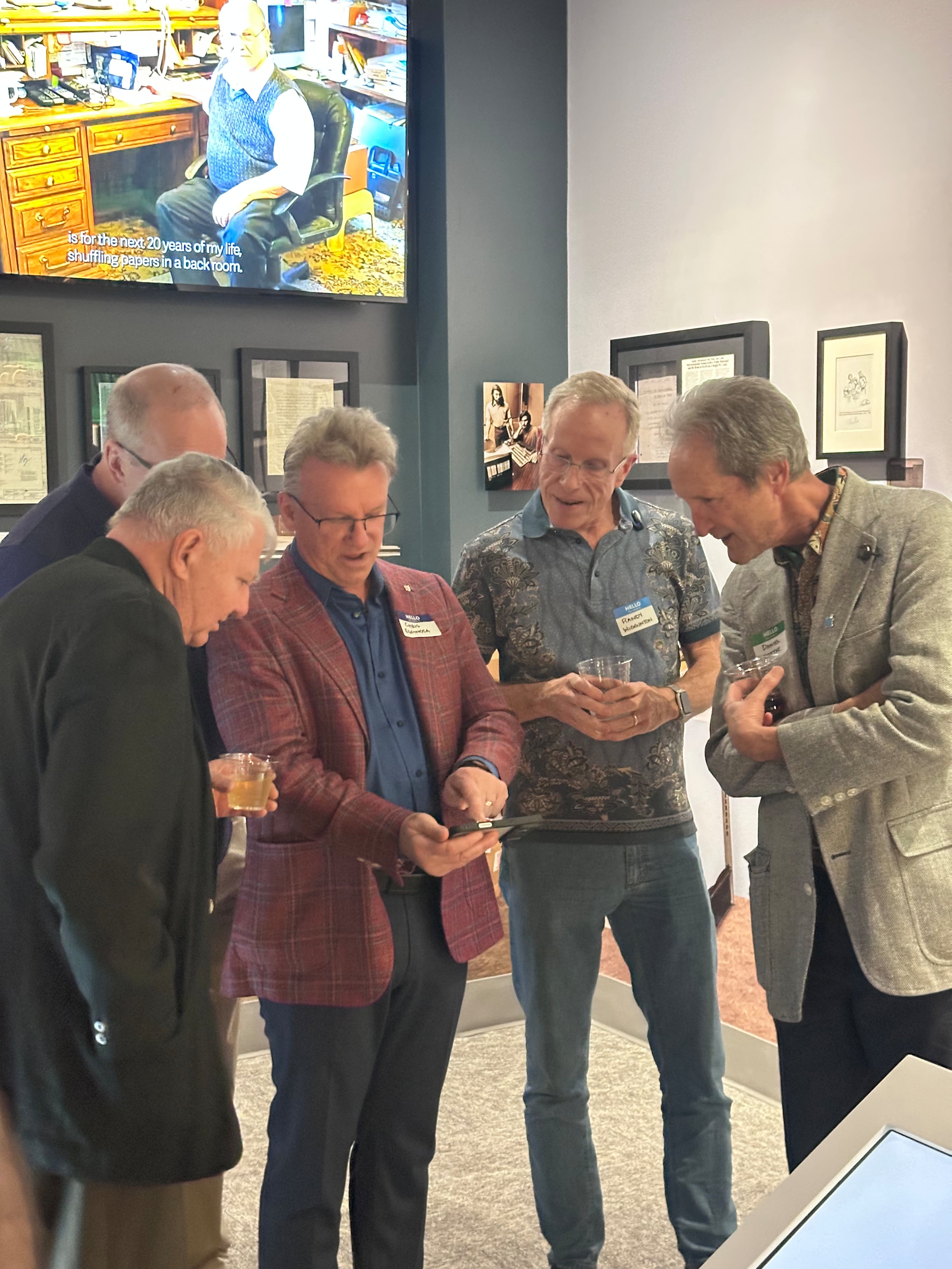 Several early Apple Computer employees showed up March 21 for a special launch event of the Mimms Museum exhibit about the history of Apple. These included employees No. 8 Christopher Espinosa (second from left), No. 6 Randy Wigginton (second from right) and No. 12 Daniel Kottke (far right). (Courtesy of Mimms Museum)