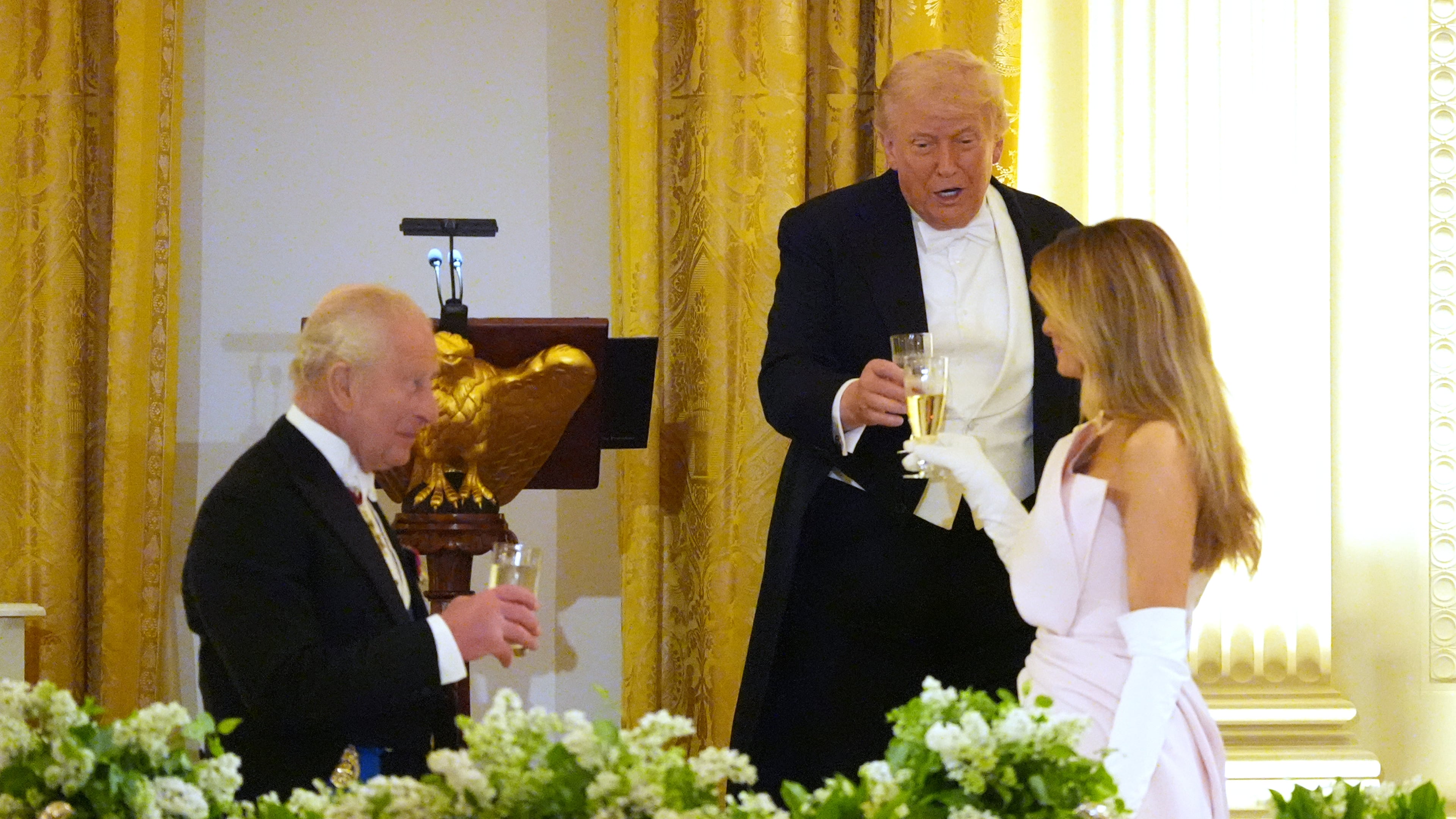 President Donald Trump toasts during a State Dinner with Britain's King Charles III, Queen Camilla and first lady Melania Trump in the East Room of the White House State Dinner Tuesday, April 28, 2026, in Washington. (AP Photo/Alex Brandon)