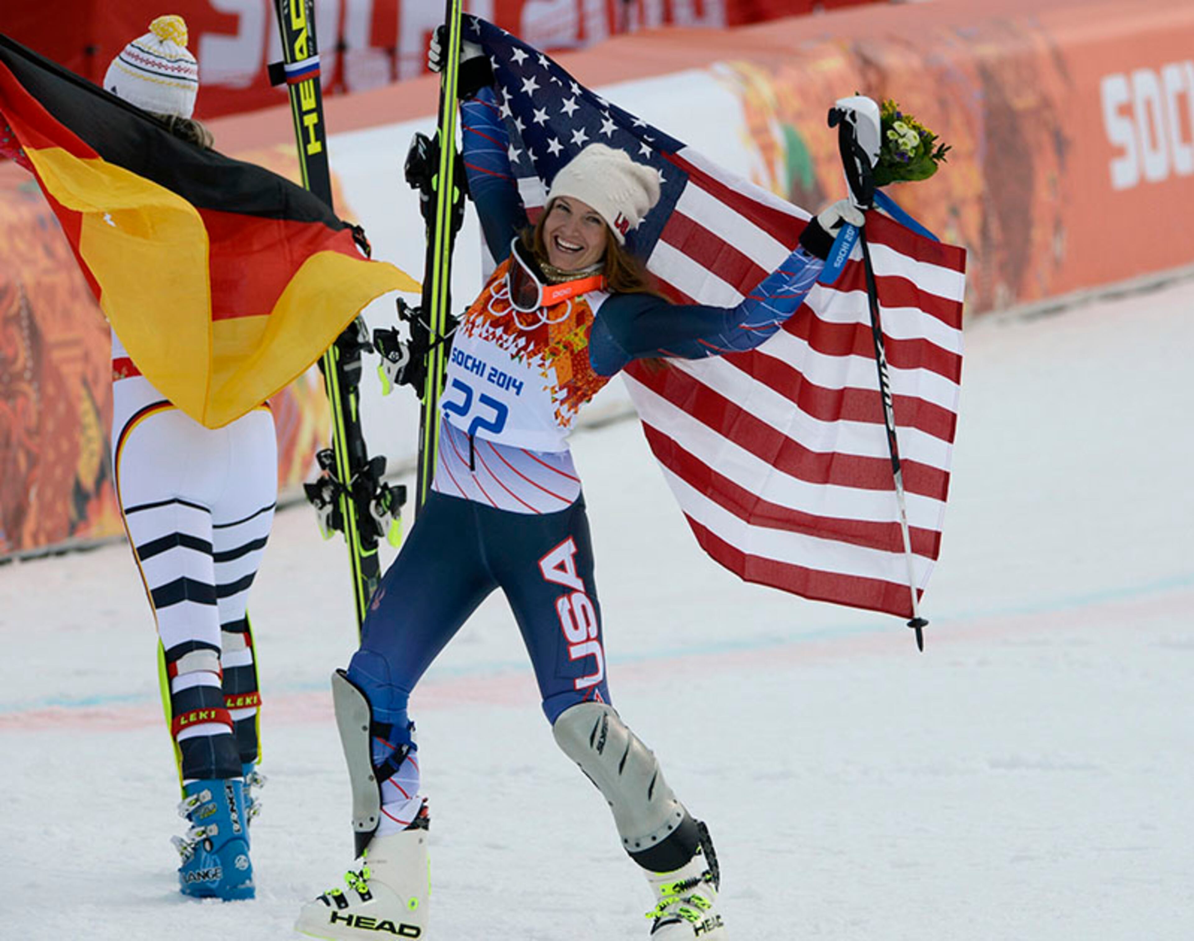 USA's Julia Mancuso celebrates her bronze medal win in the women's super combined skiing at the Rosa Khutor Alpine Center during the Winter Olympics in Sochi, Russia, Monday, Feb. 10, 2014.