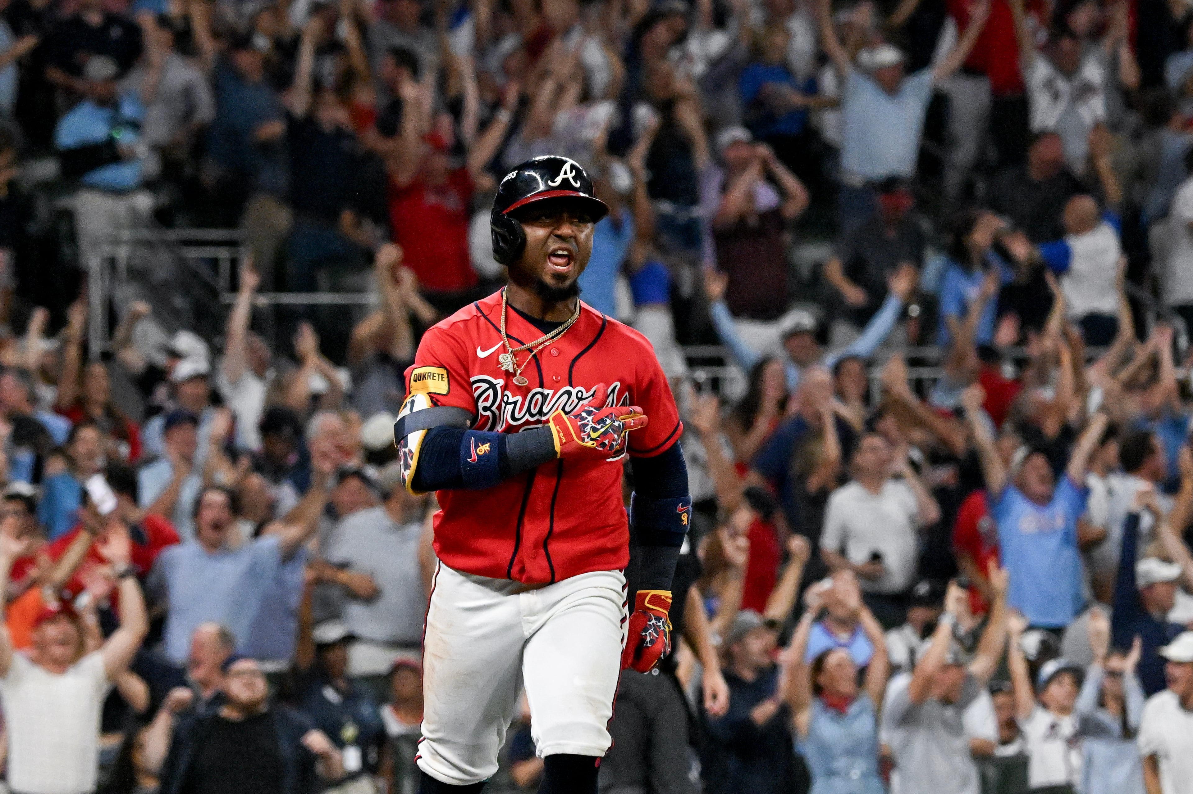 Braves second baseman Ozzie Albies celebrates after hitting a two-run home run against the Phillies during Game 3 of their NL Wild Card Series on Thursday, Oct. 1, 2026, in Atlanta. (Hyosub Shin/AJC)