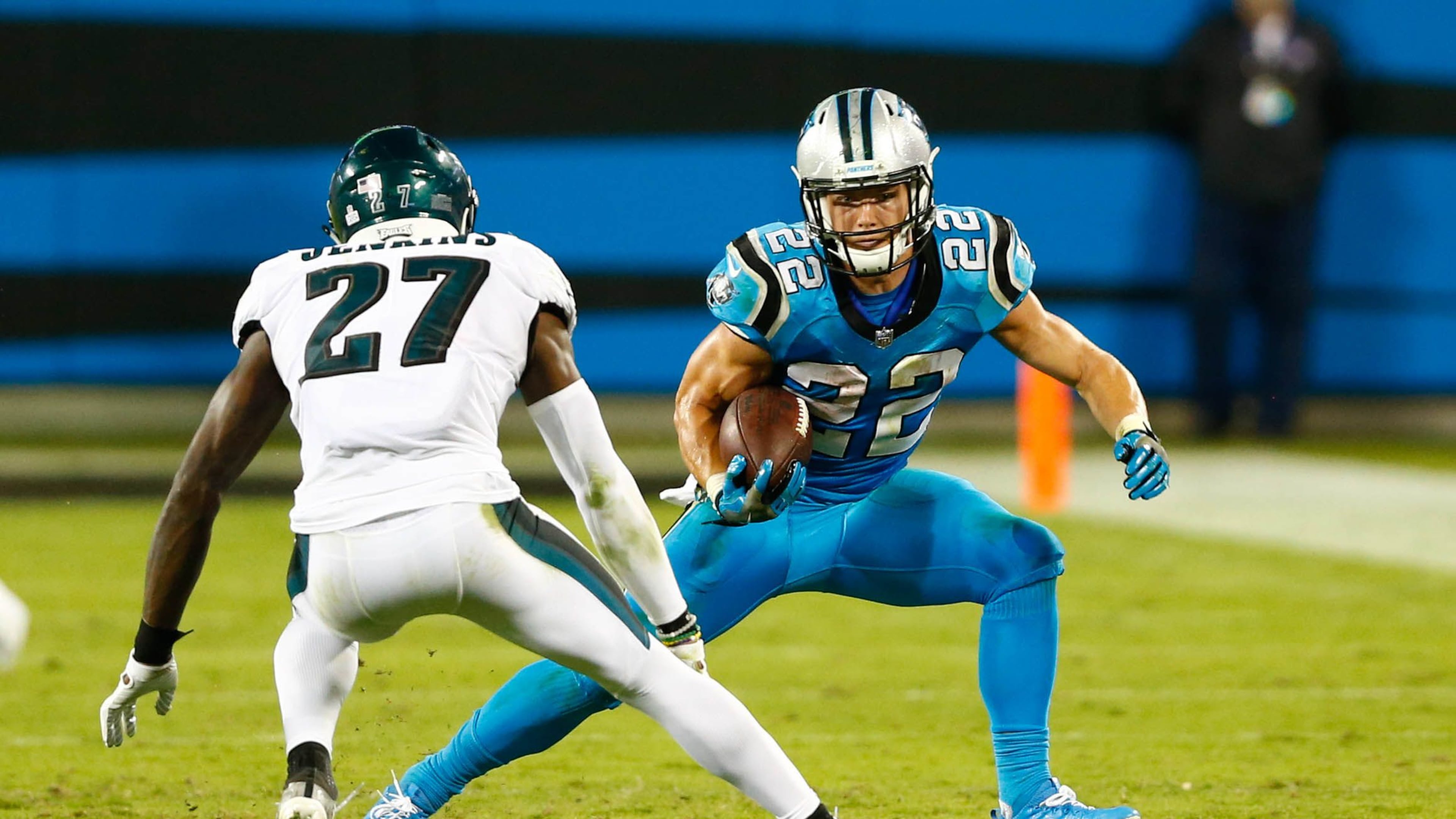 Oct 12, 2017; Charlotte, NC, USA; Carolina Panthers running back Christian McCaffrey (22) runs after a catch against Philadelphia Eagles strong safety Malcolm Jenkins (27) in the fourth quarter at Bank of America Stadium. Mandatory Credit: Jeremy Brevard-USA TODAY Sports ORG XMIT: USATSI-358921 ORIG FILE ID: 20171012_lbm_bb4_174.JPG