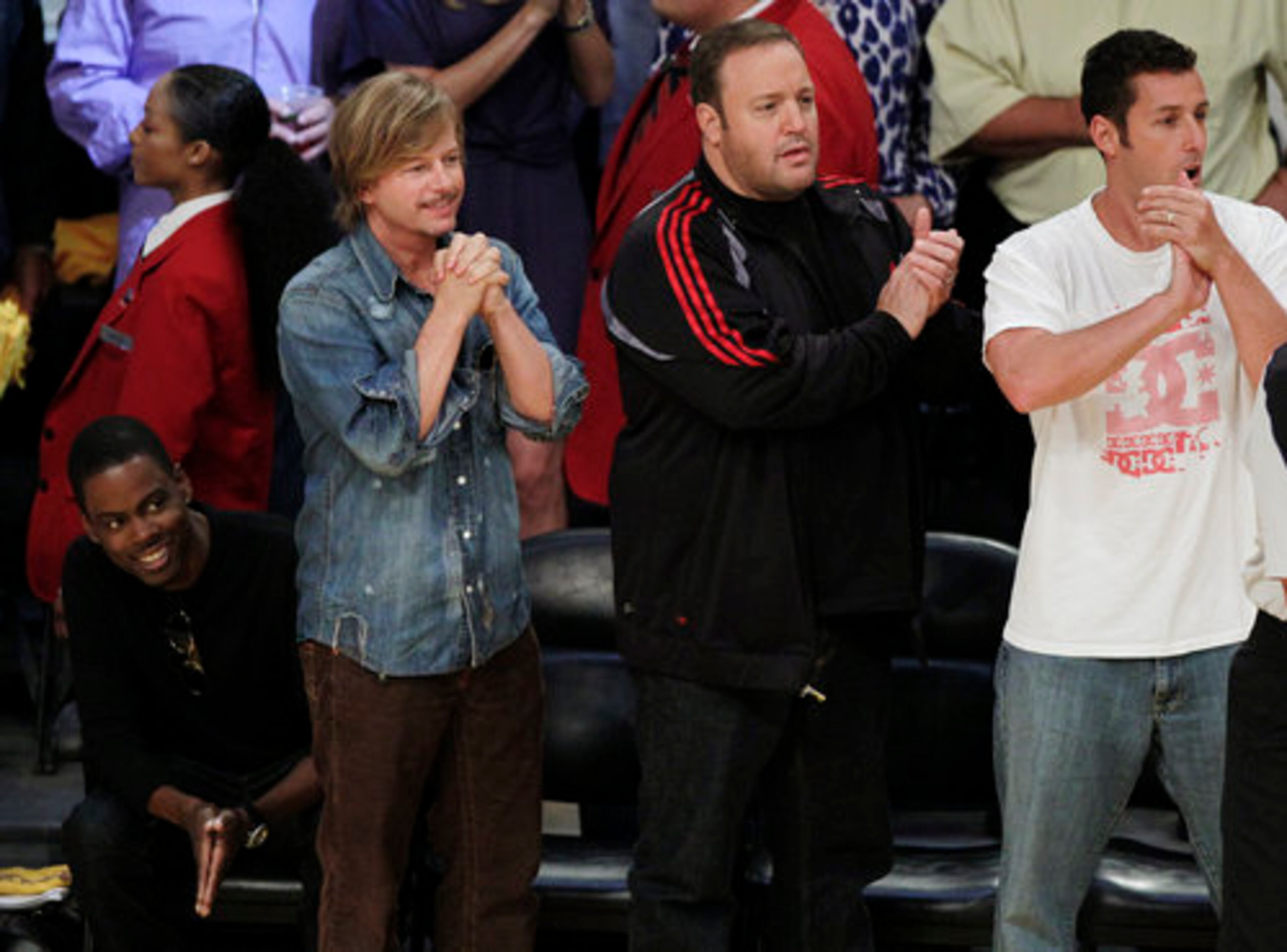 From left, actors Chris Rock, David Spade, Kevin James and Adam Sandler watch the Los Angeles Lakers and the Boston Celtics play during the first half of Game 1 of the NBA basketball finals Thursday, June 3, 2010, in Los Angeles.