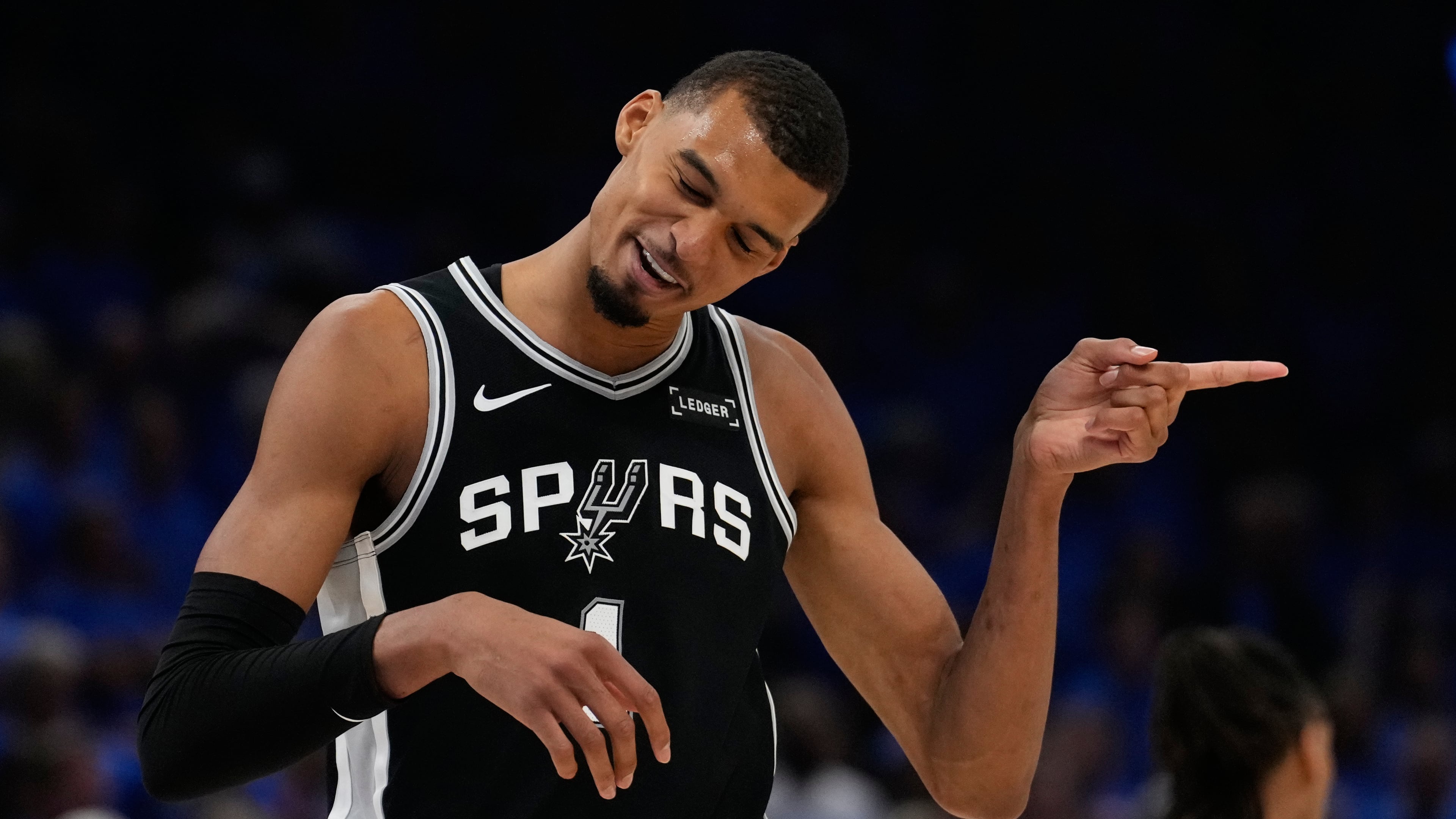San Antonio Spurs forward Victor Wembanyama celebrates during the second half of Game 1 in a third-round NBA basketball playoffs series against the Oklahoma City Thunder Monday, May 18, 2026, in Oklahoma City. (AP Photo/Tony Gutierrez)