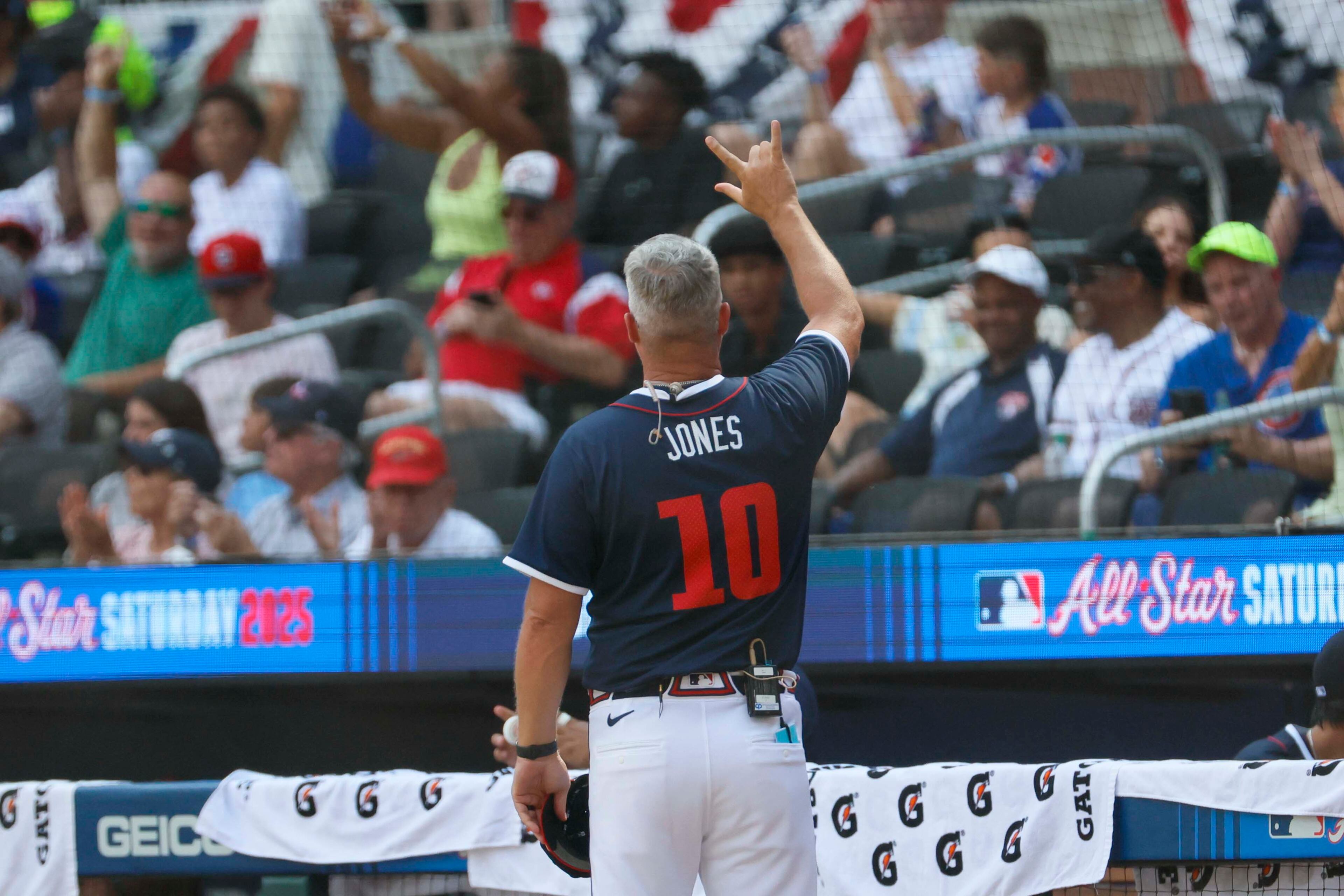 National League head coach Chipper Jones greets fans after being recognized during the MLB All-Star Futures Game at Truist Park on Saturday, July 12, 2025, in Atlanta.
(Miguel Martinez/ AJC)