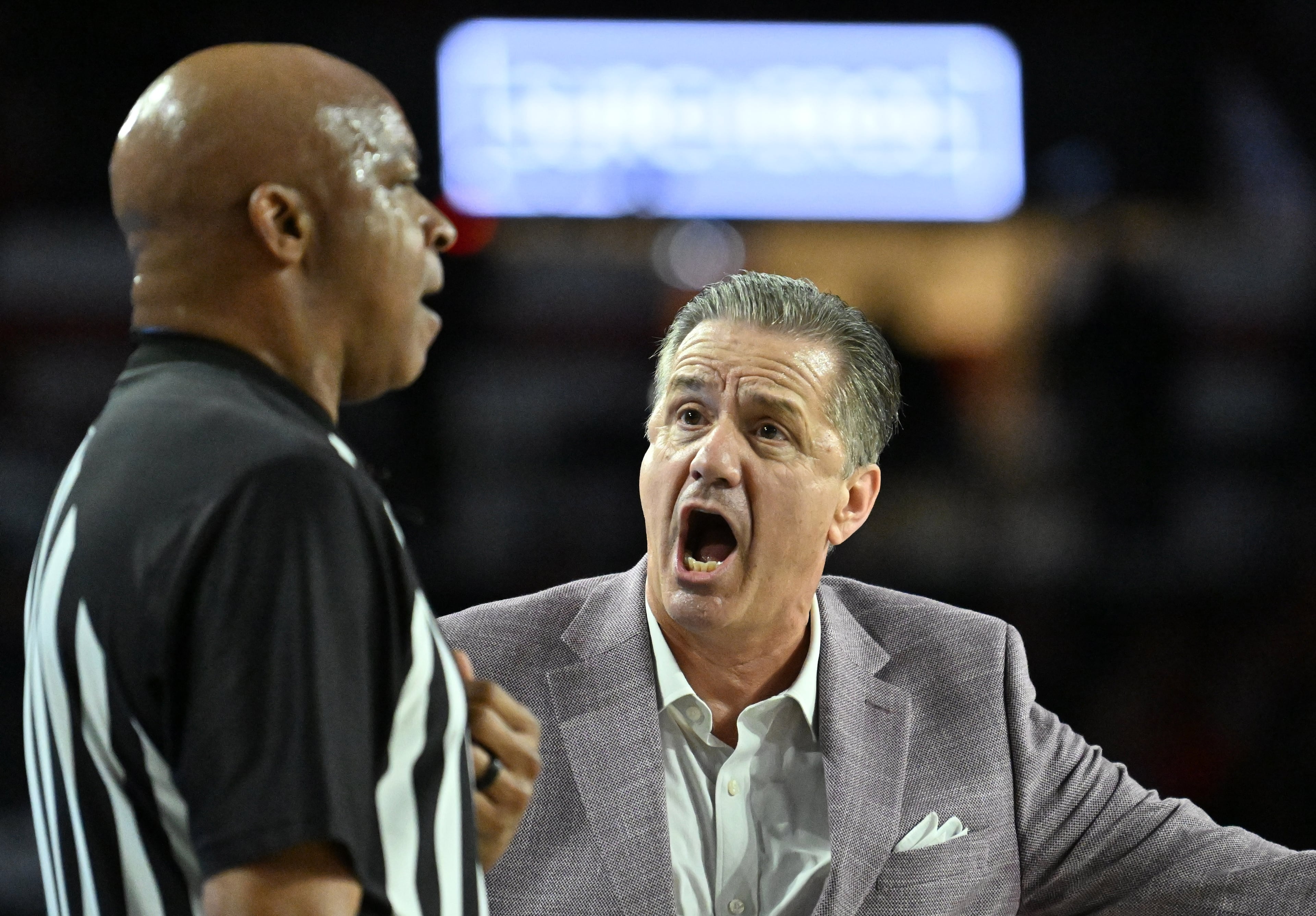 Arkansas head coach John Calipari appeals to a referee during the first half in an NCAA college basketball game at Stegeman Coliseum, Saturday, Jan. 17, 2026, in Athens. (Hyosub Shin/AJC)