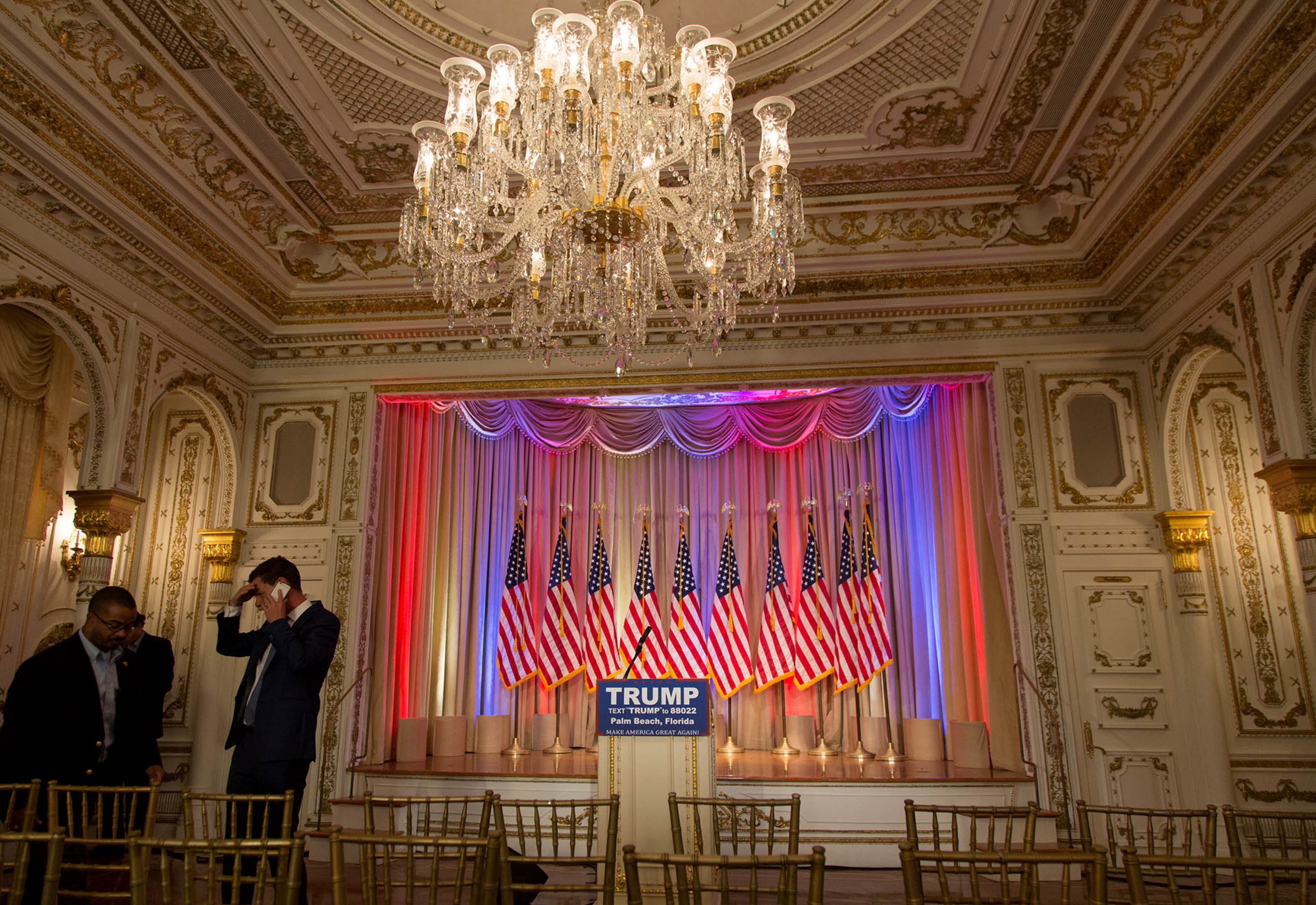 The White and Gold Ballroom at Mar-A-Lago is setup for Donald J. Trump's Super Tuesday press conference at Mar-A-Lago in Palm Beach, Florida on March 1, 2016. (Allen Eyestone / Daily News)