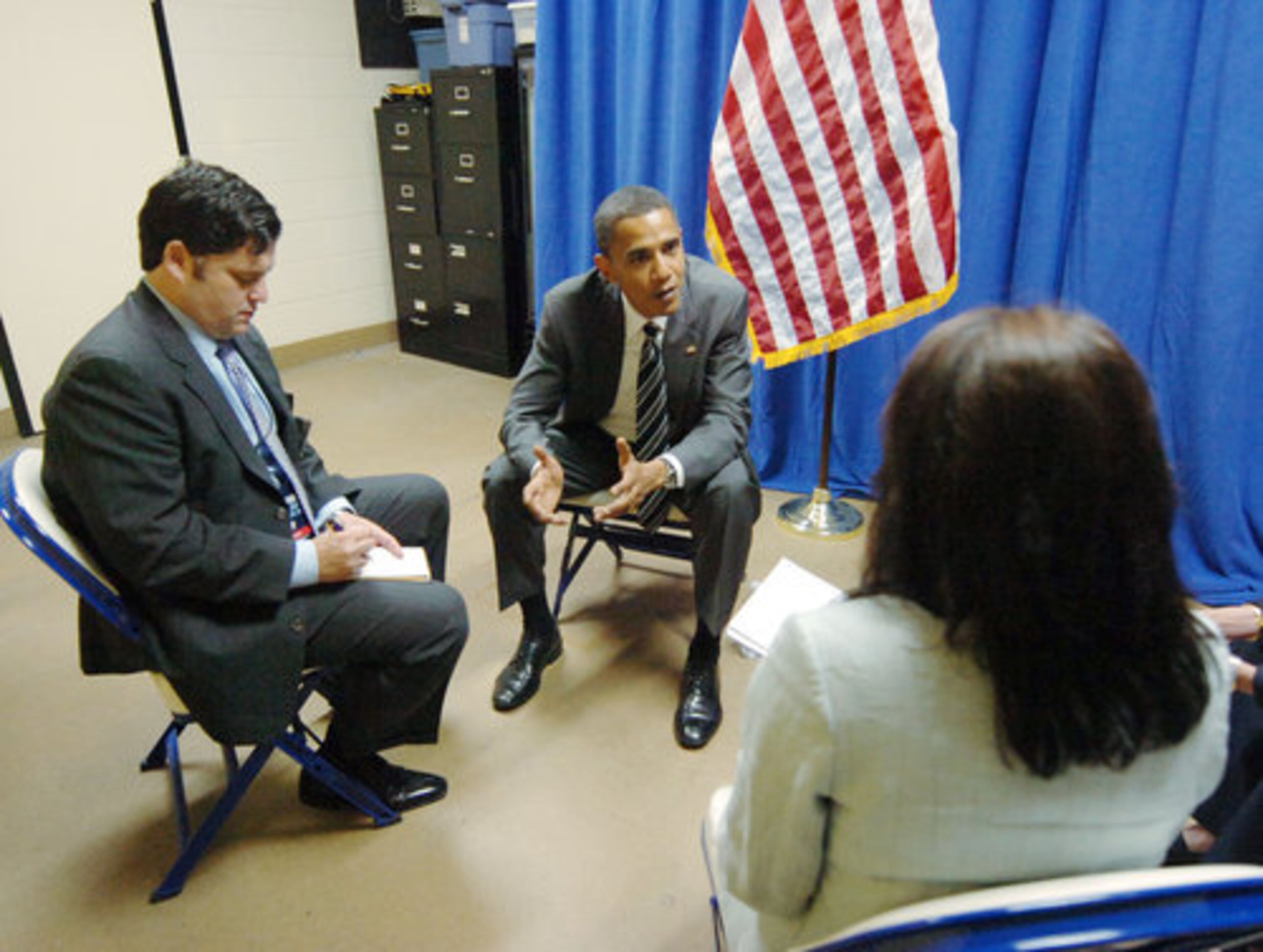 Sen. Barack Obama is interviewed by AJC reporter Aaron Gould Sheinin and AJC editorial page editor Cynthia Tucker.