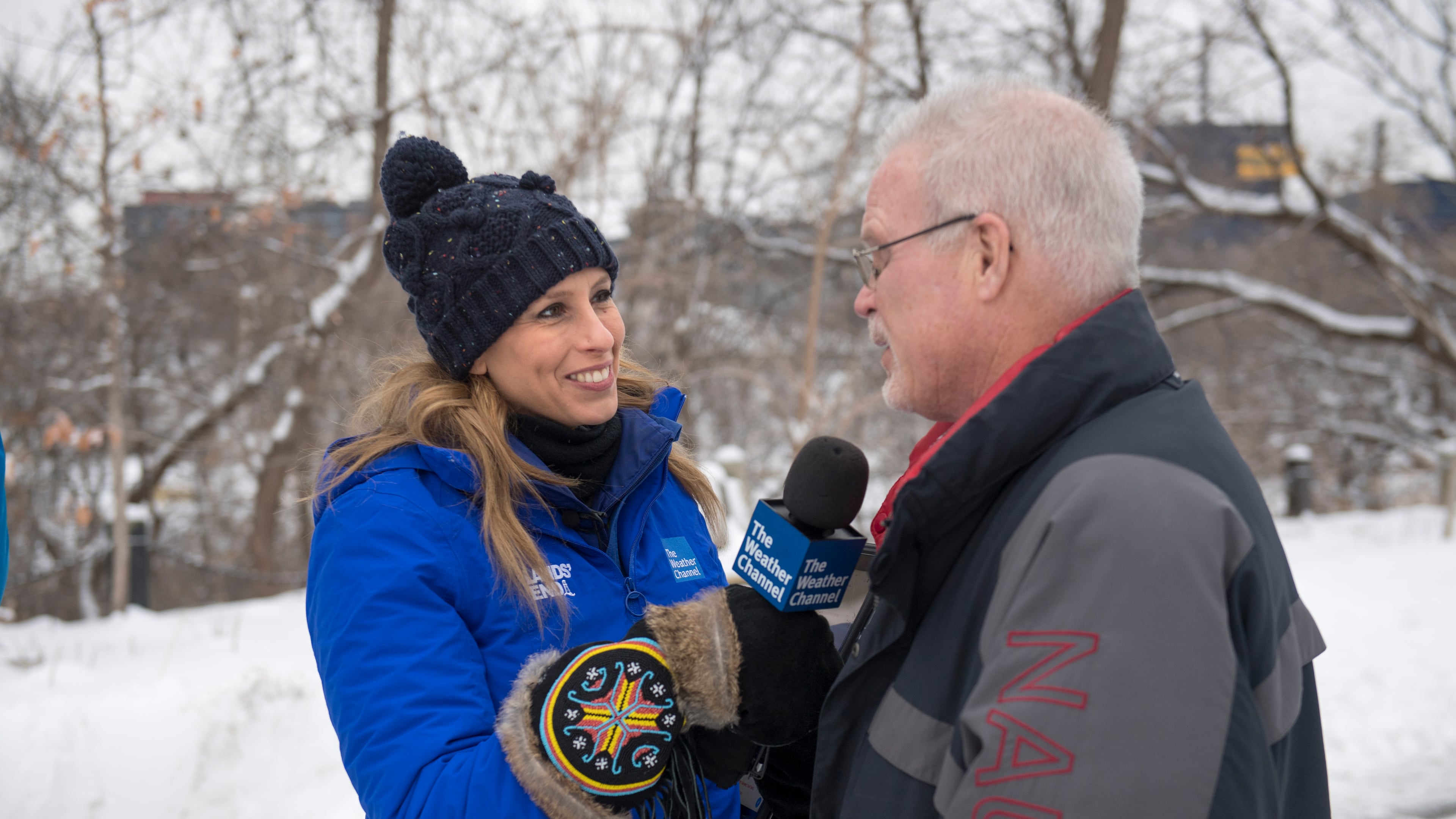 IMAGE DISTRIBUTED FOR WEATHER GROUP TELEVISION, LLC - The Weather Channel's Stephanie Abrams, left, interviews Mike Kennedy of the Minneapolis Public Works Department Wednesday, Feb. 6, 2019 in Minneapolis. (Craig Lassig/Weather Group Television, LLC via AP Images)