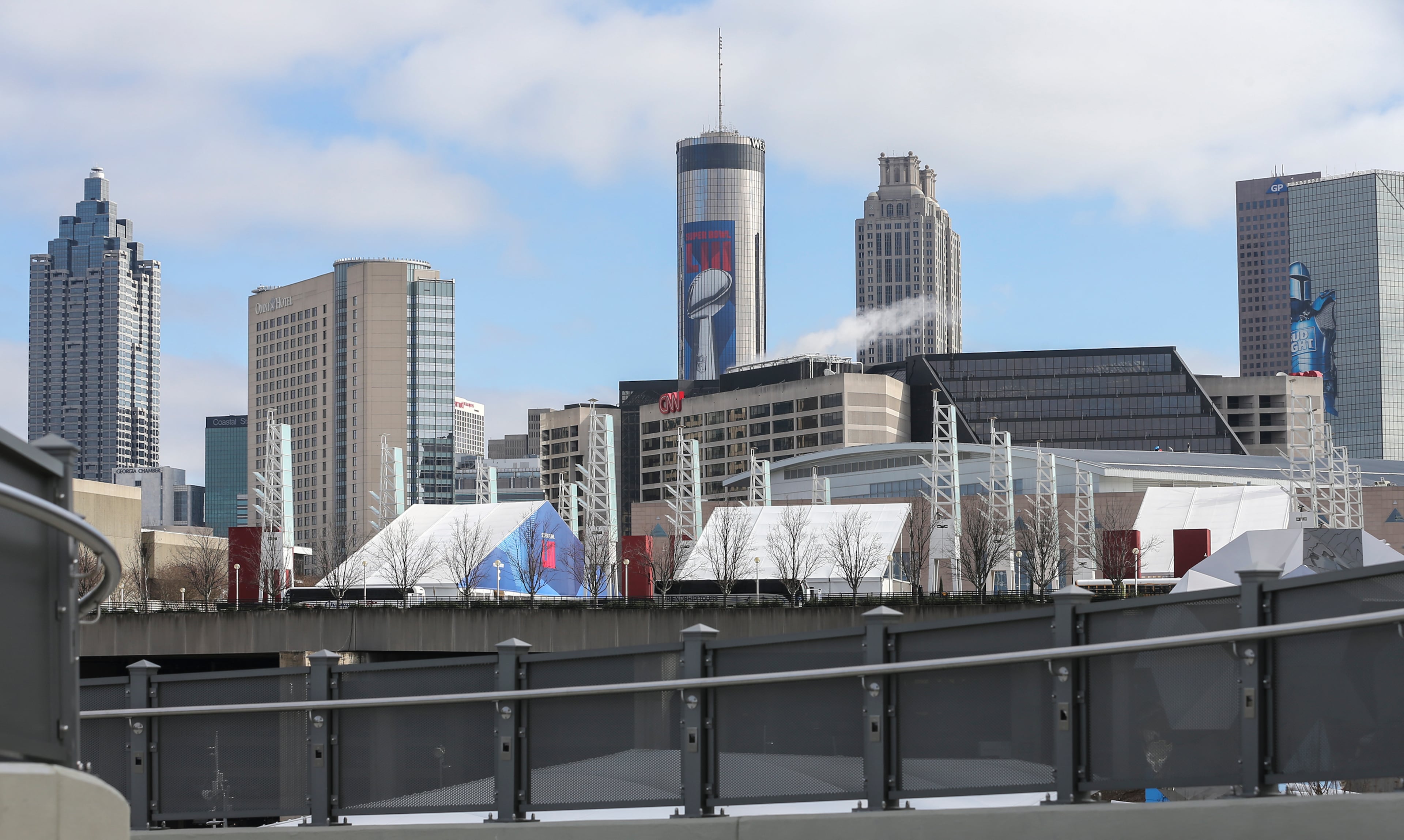 January 16, 2019 Atlanta: Structures and Super Bowl graphics are popping up everywhere across Atlanta as evident on Tuesday, Jan. 16, 2019 as the city prepares to host Super Bowl 53. Atlanta faces a test on Super Bowl Sunday and the question with less than a month to go before the big game is this: Is the city ready? The city budgeted some $10 million last year for police, fire and other items to assist with the big game. JOHN SPINK/JSPINK@AJC.COM