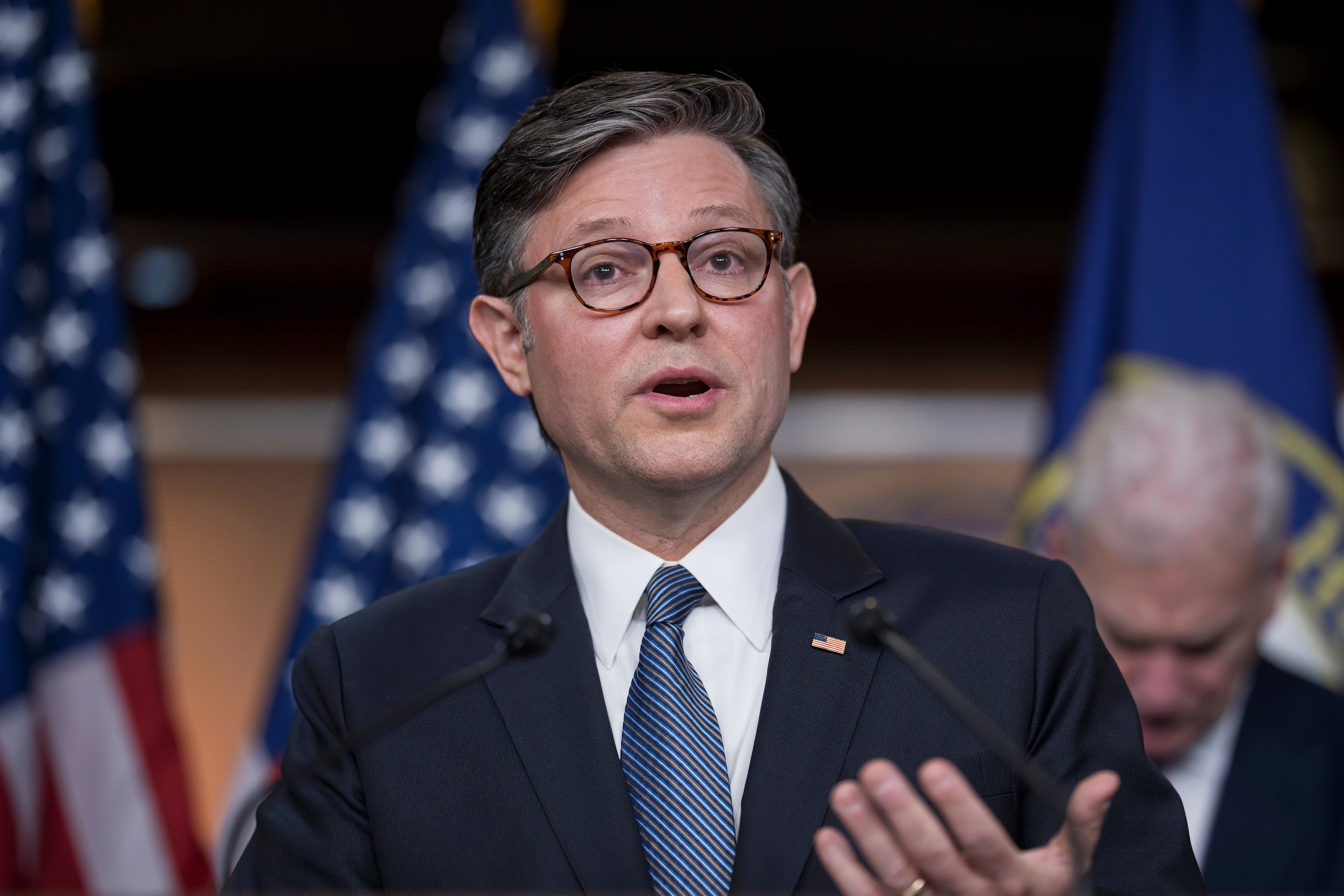 House Speaker Mike Johnson and House GOP leaders hold a news conference at the Capitol in Washington, D.C., last month. (J. Scott Applewhite/AP)