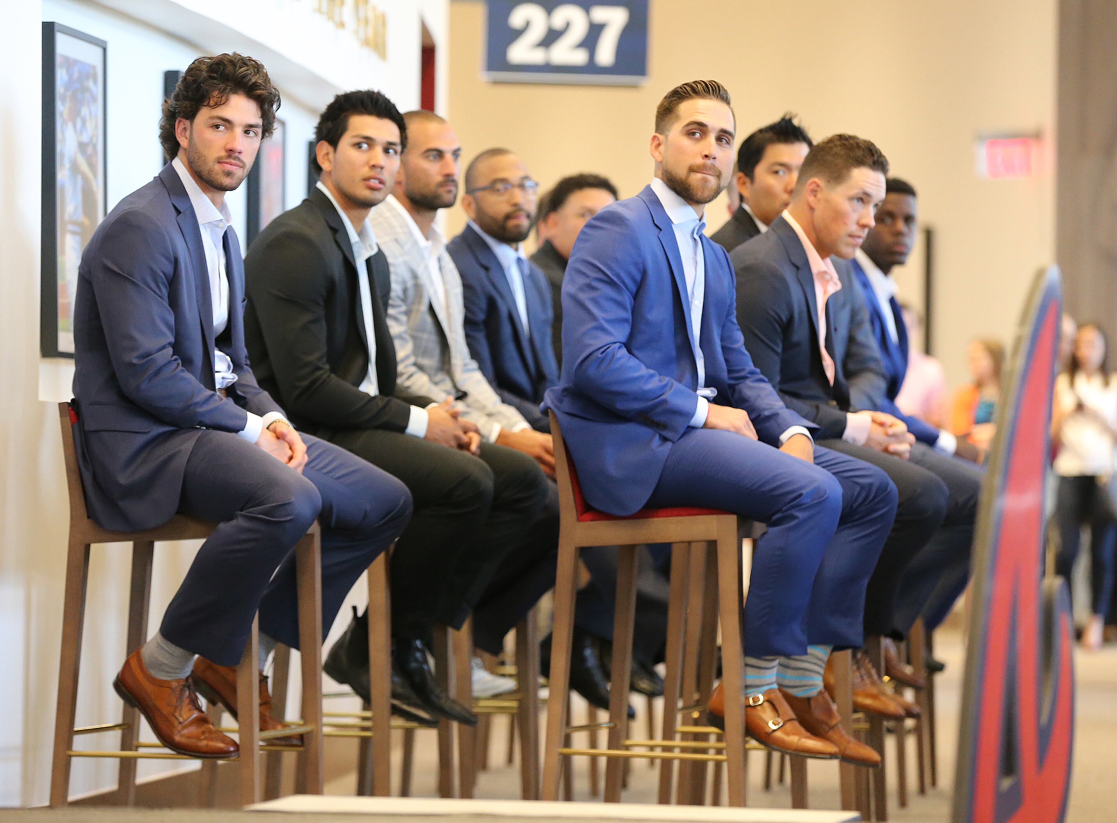 March 30, 2017, Atlanta: The Atlanta Braves team, including Dansby Swanson (left) and Ender Inciarte (right) are on hand for fans during the Leadoff Reception in the Infiniti Club at SunTrust Park on Thursday, March 30, 2017, in Atlanta. Curtis Compton/ccompton@ajc.com