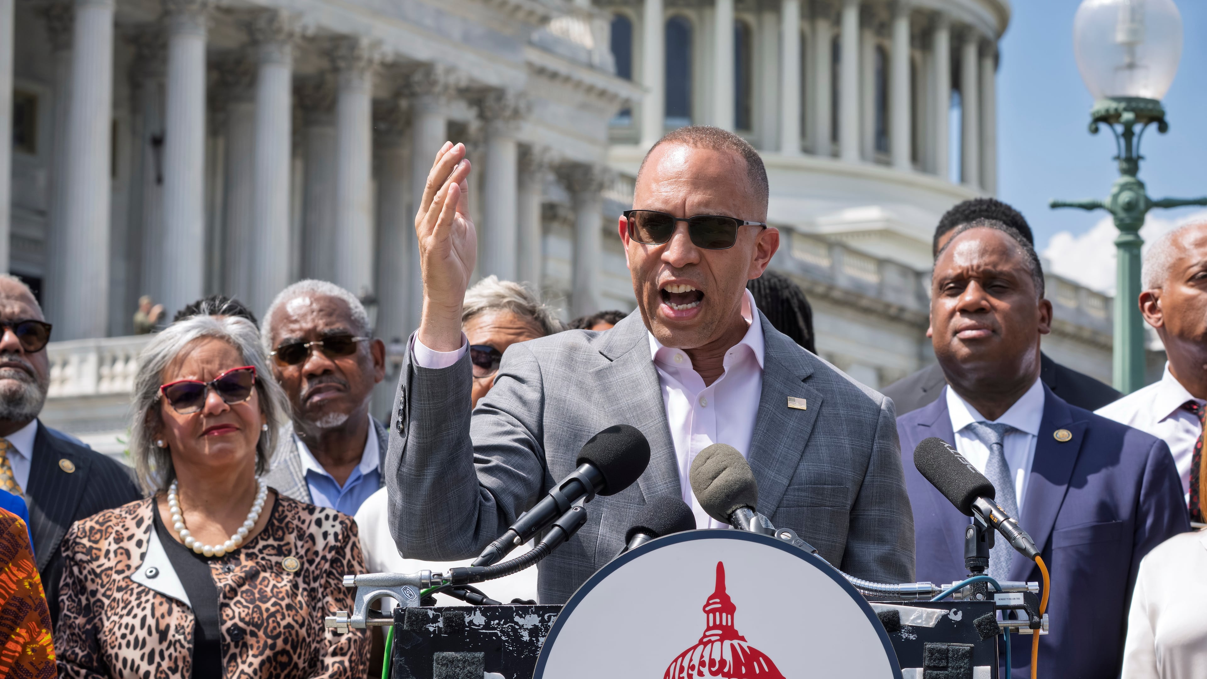 House Minority Leader Hakeem Jeffries, D-N.Y., and members of the Congressional Black Caucus speak outside the Capitol in Washington, Tuesday, May 19, 2026. (AP Photo/J. Scott Applewhite)