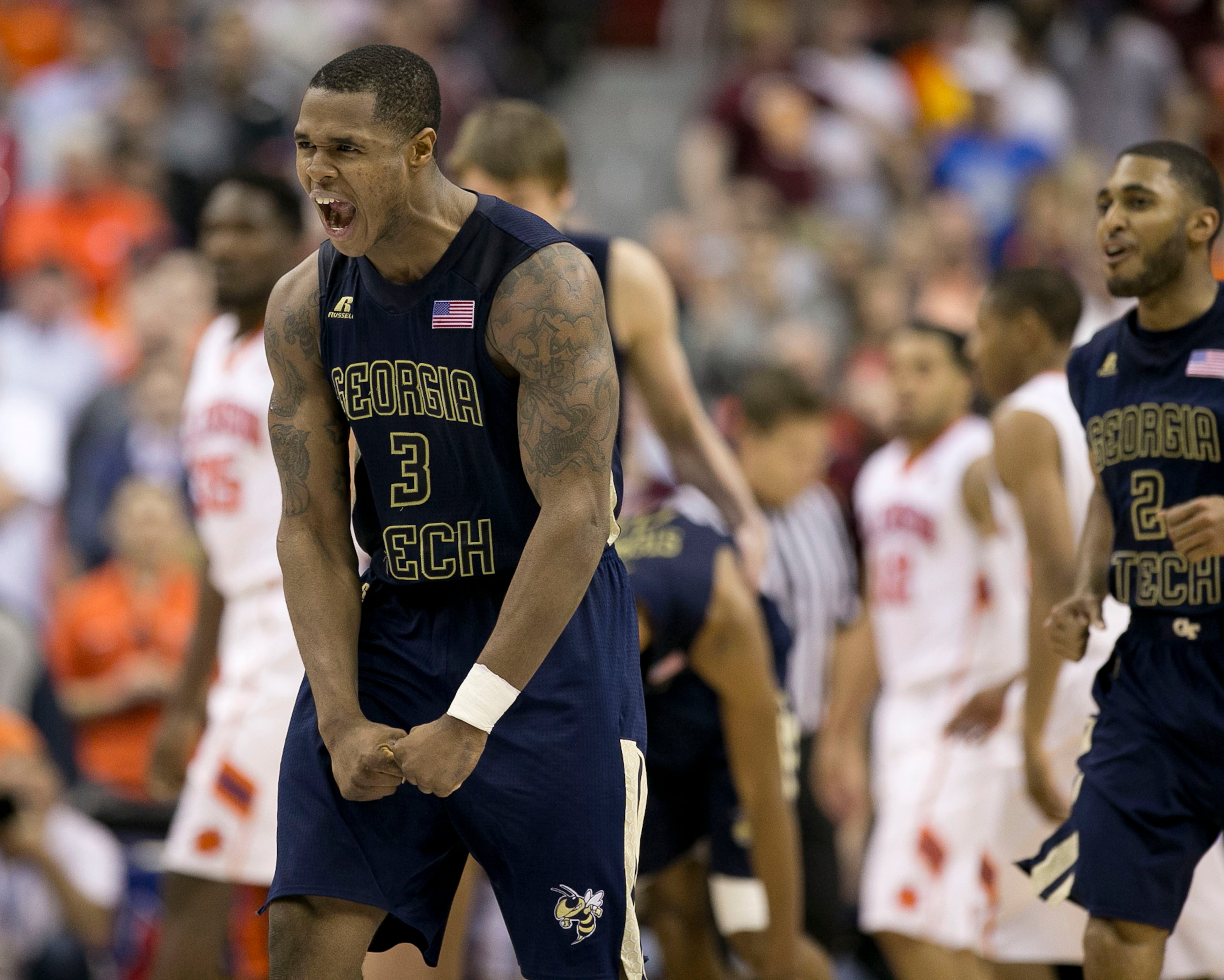 Georgia Tech's Marcus Georges-Hunt (3) reacts after forcing overtime against Clemson on Wednesday, March 9, 2016, during the ACC Tournament at the Verizon Center in Washington. Georgia Tech advanced, 88-85. (Robert Willett/Raleigh News & Observer/TNS)
