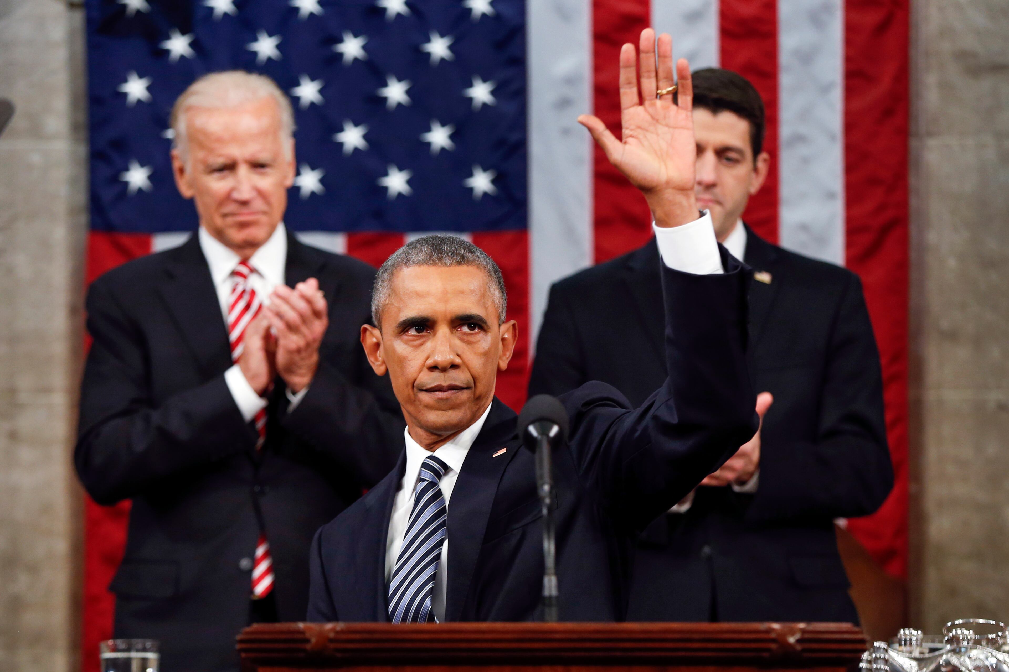 President Barack Obama waves at the conclusion of his State of the Union address to a joint session of Congress on Capitol Hill in Washington, Tuesday, Jan. 12, 2016. (AP Photo/Evan Vucci, Pool)
