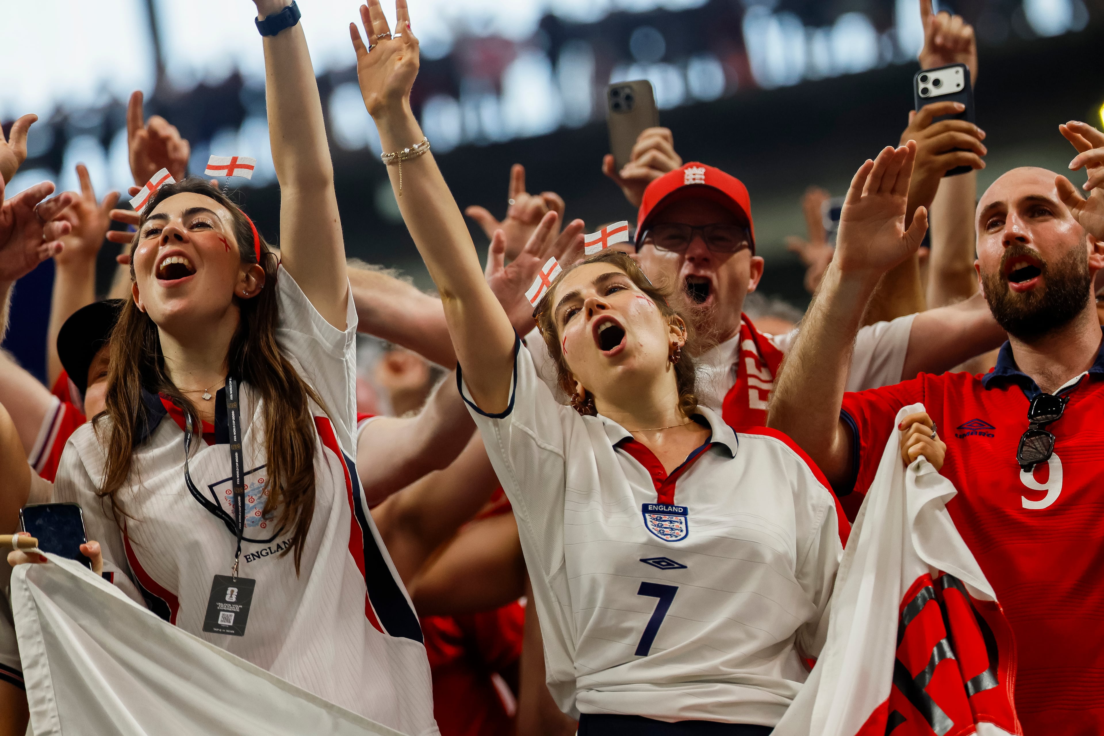England fans react after a goal by England forward Harry Kane during the second half of a FIFA World Cup round of 32 match at Atlanta Stadium (Mercedes-Benz Stadium) on Wednesday, July 1, 2026, in Atlanta. England defeated Congo 2-1. (Miguel Martinez/AJC)