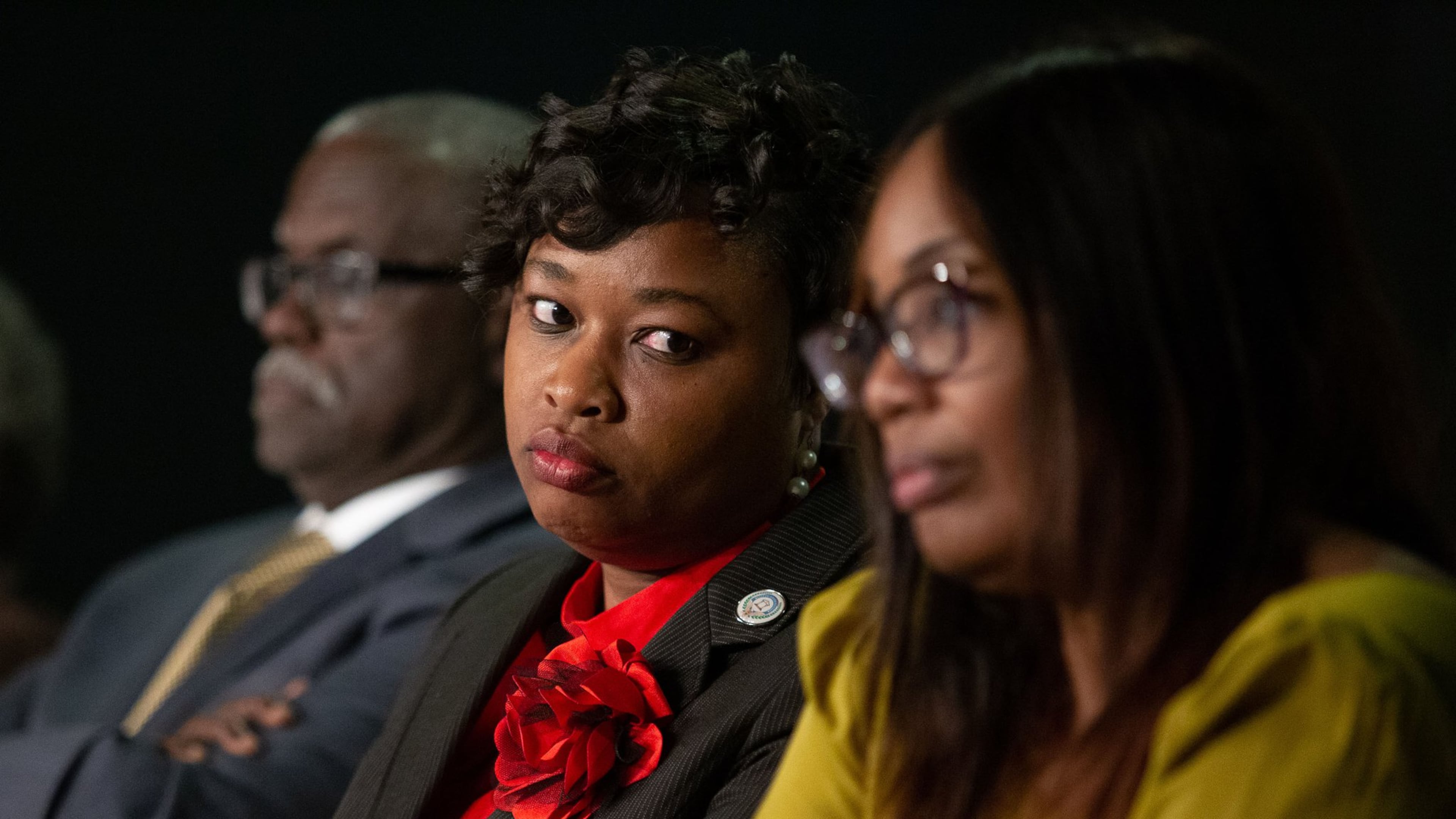 City Council Member Helen Zenobia Willis (C) listens to testimony during a hearing at the South Fulton Arts Center on Tuesday, December 10, 2019. STEVE SCHAEFER / SPECIAL TO THE AJC