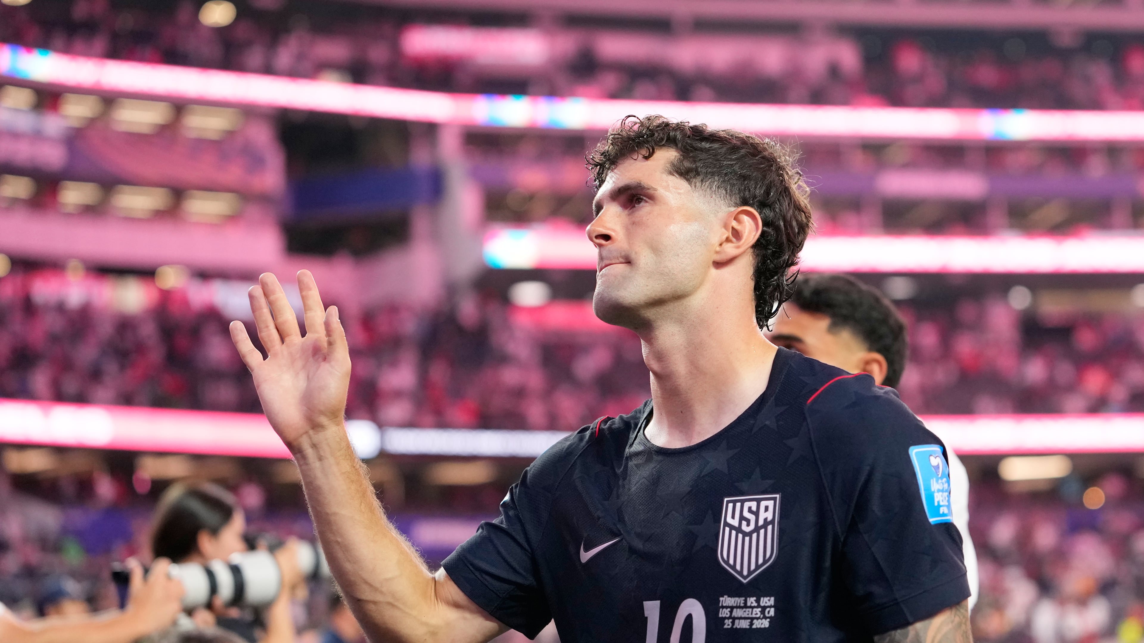 United States' Christian Pulisic walks off the field after a World Cup Group D soccer match against Turkey in Inglewood, Calif., near Los Angeles, Thursday, June 25, 2026. (AP Photo/Mark J. Terrill)