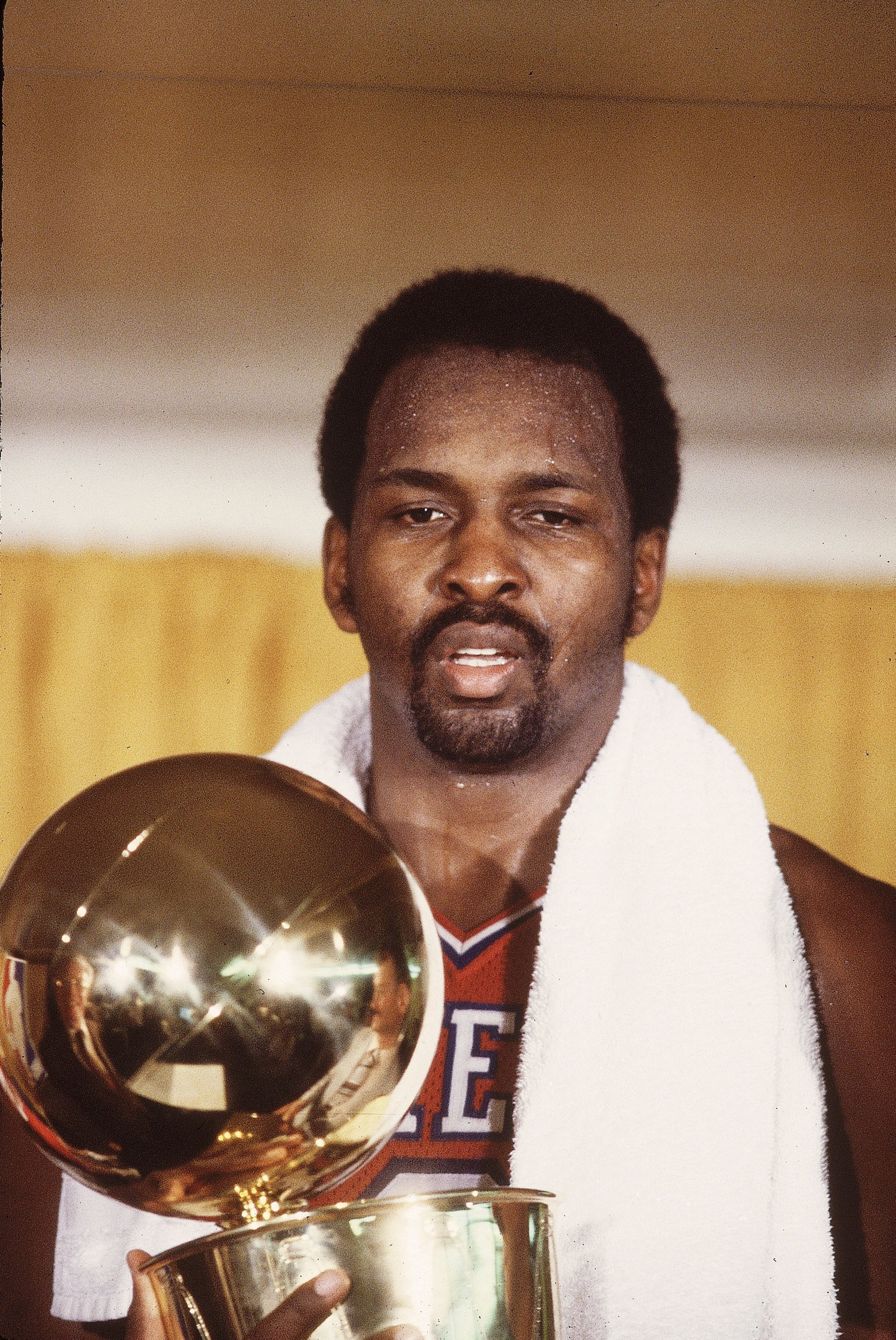 UNITED STATES - MAY 31: Basketball: NBA finals, Closeup of Philadelphia 76ers Moses Malone (2) victorious with trophy after winning championship game vs Los Angeles Lakers, Inglewood, CA 5/31/1983 (Photo by Peter Read Miller/Sports Illustrated/Getty Images) (SetNumber: X28564 TK1 R2 F7)