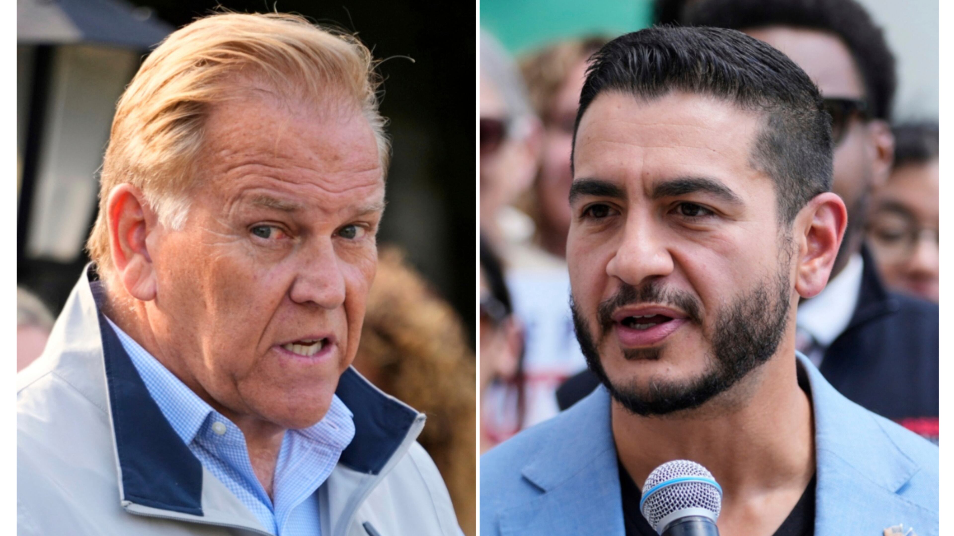 This combination photo of images taken in Detroit shows Senate nominees Republican Mike Rogers, Aug. 20, 2026, left, and Democrat Abdul El-Sayed, Aug. 19, 2026. (AP Photos/Paul Sancya)