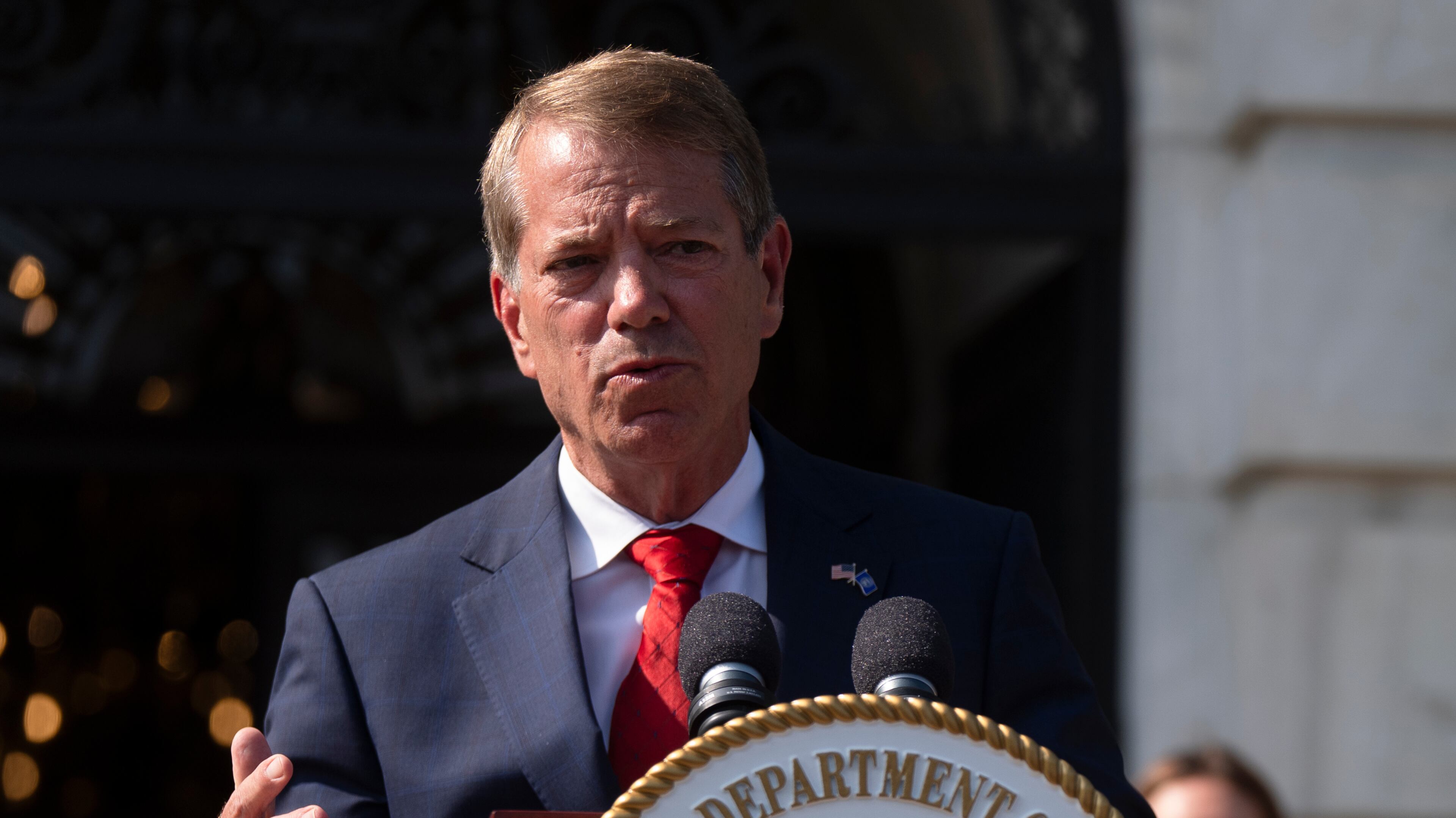 FILE - Nebraska Gov. Jim Pillen, speaks during a news conference at the Department of Agriculture to rollout the USDA'S National Farm Security Action Plan in Washington, July 8, 2025. (AP Photo/Manuel Balce Ceneta, File)