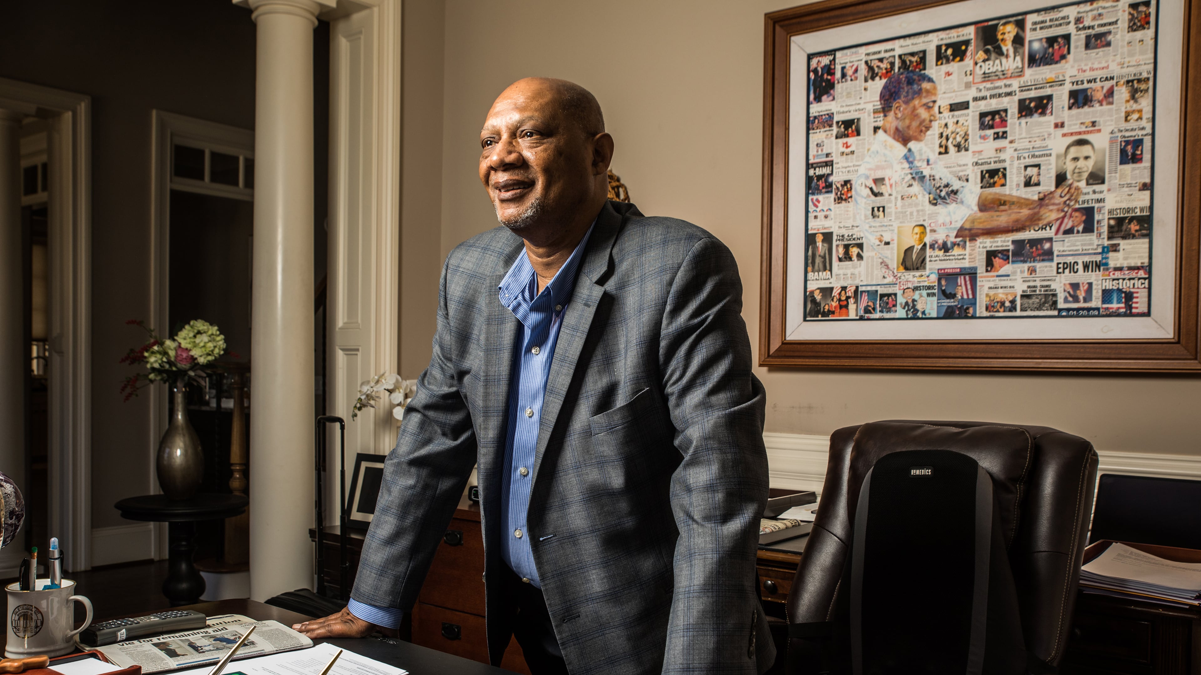 Bishop Reginald T. Jackson at his office in Atlanta on March 5, 2021. Jackson began a program to better prepare church members to participate in elections. He leads the Sixth District of the AME Church, which is part of a lawsuit filed this week against Georgia's new voting laws. (Matt Odom/The New York Times)