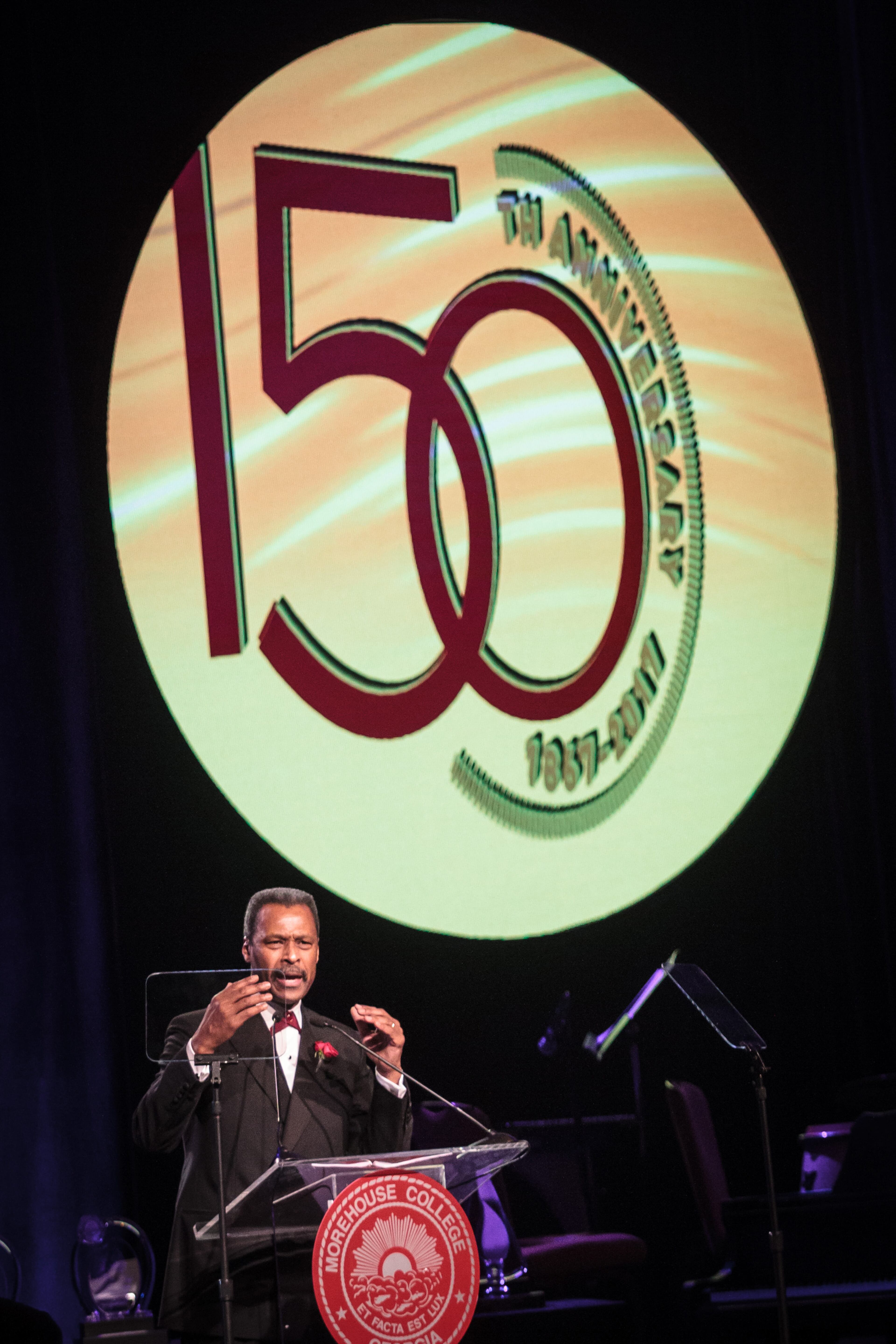 Morehouse President John Wilson talks to a large crowd gathered for the Candle In The Dark Gala, celebrating the 150th anniversary of Morehouse College in Atlanta Ga February 18, 2017. STEVE SCHAEFER / SPECIAL TO THE AJC