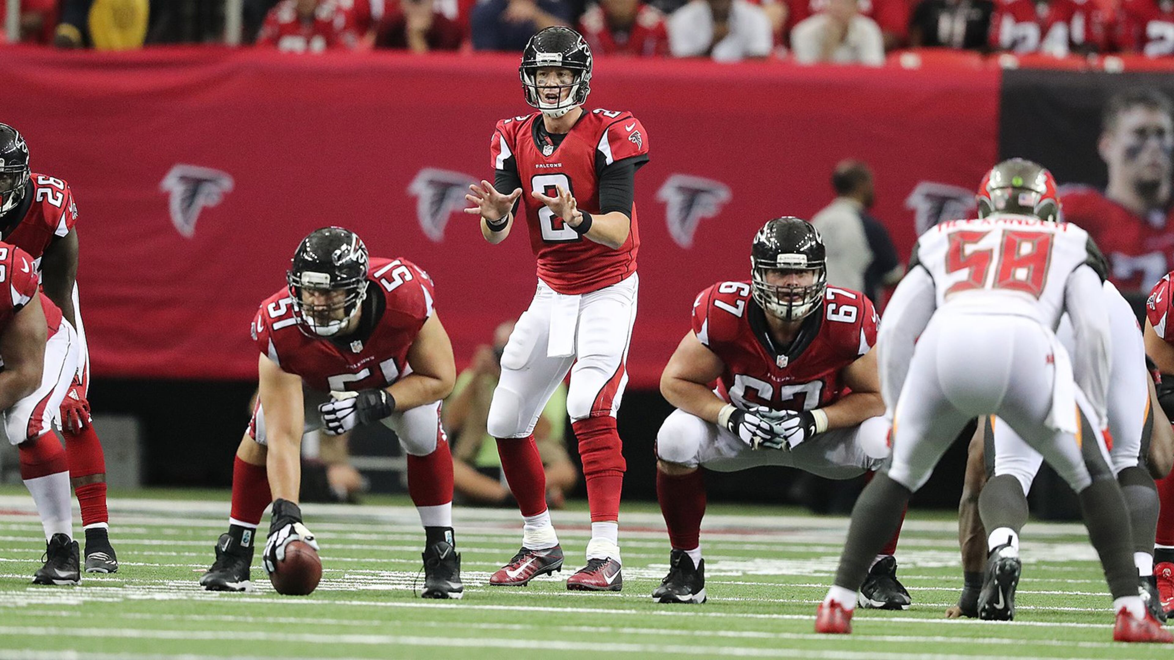September 11, 2016 ATLANTA: The Falcons offensive line Chris Chester (from left), Alex Mack, Andy Levitre and Jake Matthews during the second half against the Buccaneers in an NFL football game on Sunday, Sept. 11, 2016, in Atlanta. Curtis Compton /ccompton@ajc.com