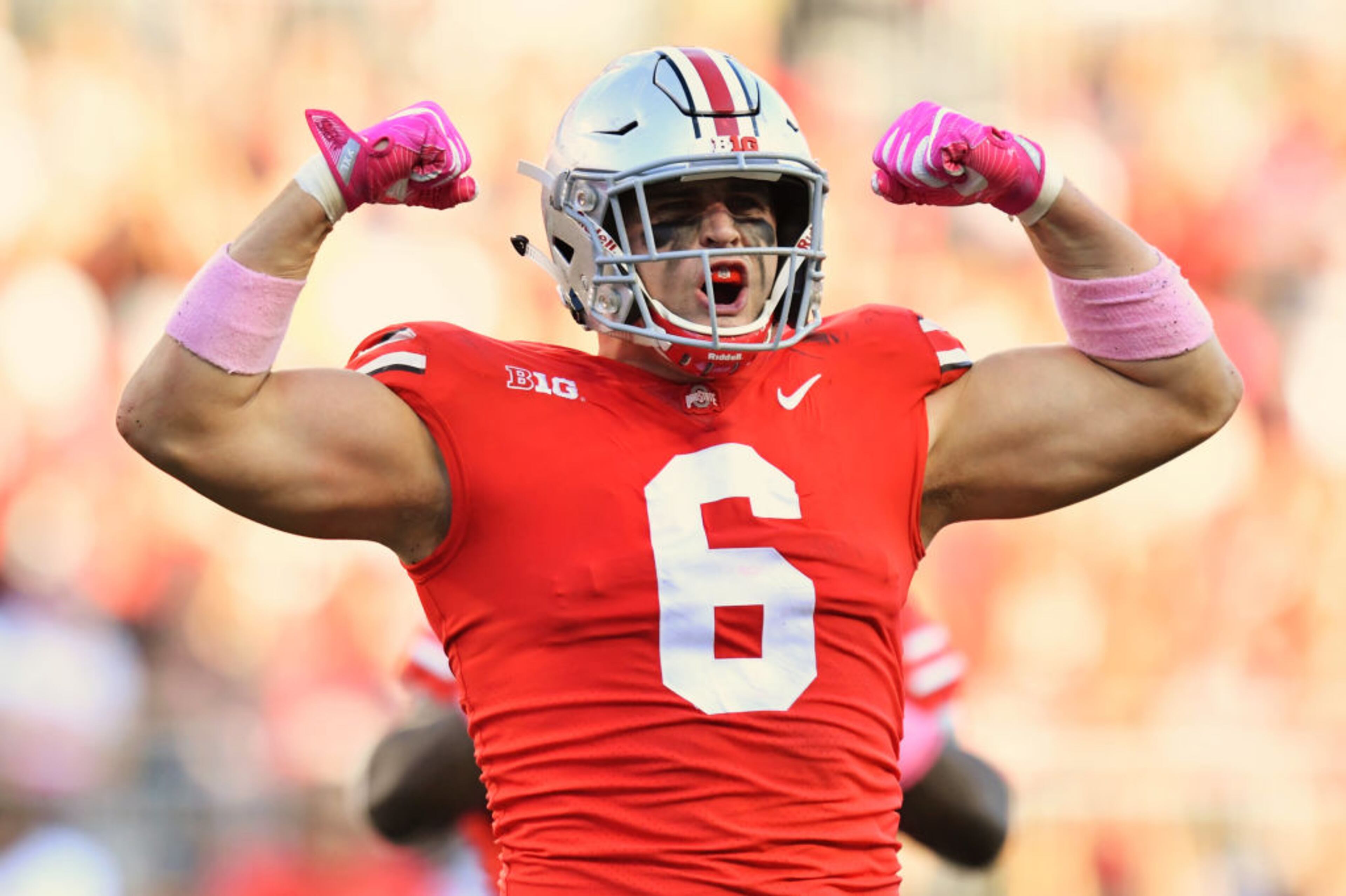 COLUMBUS, OH - OCTOBER 7: Sam Hubbard #6 of the Ohio State Buckeyes celebrates after making a tackle for a loss in the second quarter against the Maryland Terrapins at Ohio Stadium on October 7, 2017 in Columbus, Ohio. (Photo by Jamie Sabau/Getty Images)