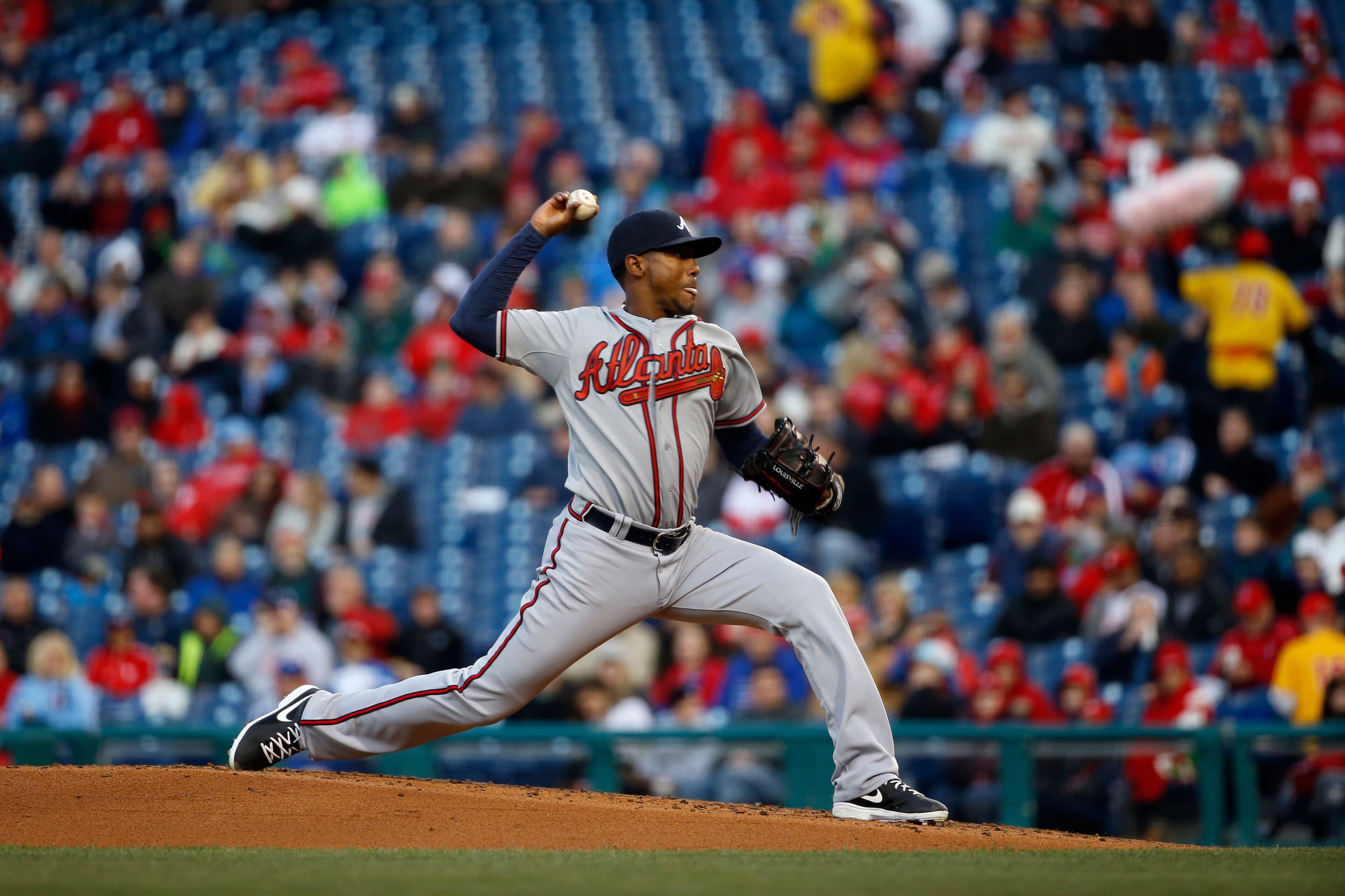 Atlanta Braves' Julio Teheran in action during a baseball game against the Philadelphia Phillies, Wednesday, April 16, 2014, in Philadelphia. (AP Photo/Matt Slocum)